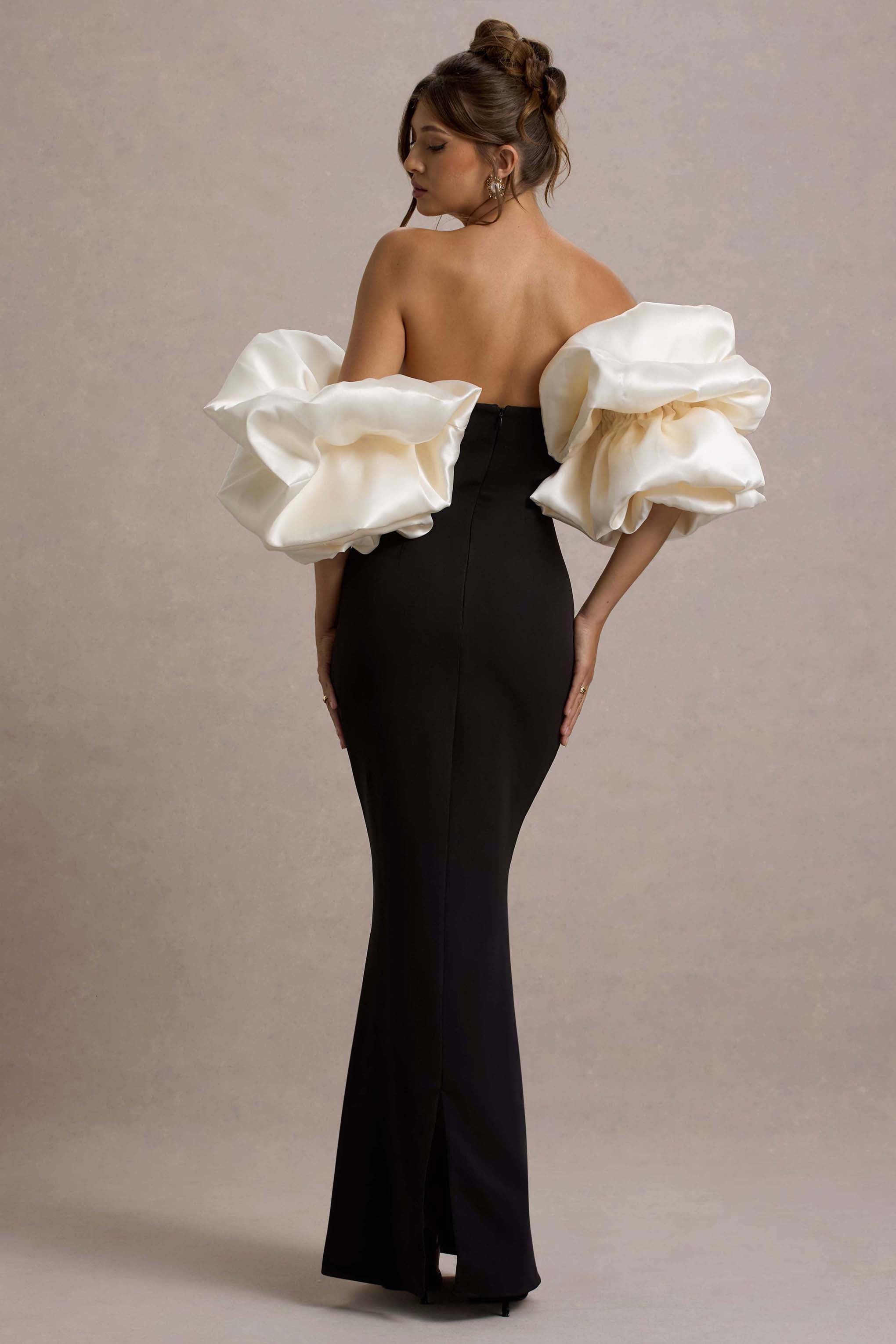 Evermore | Siyah & Krem Puf Kol Maxi Elbise