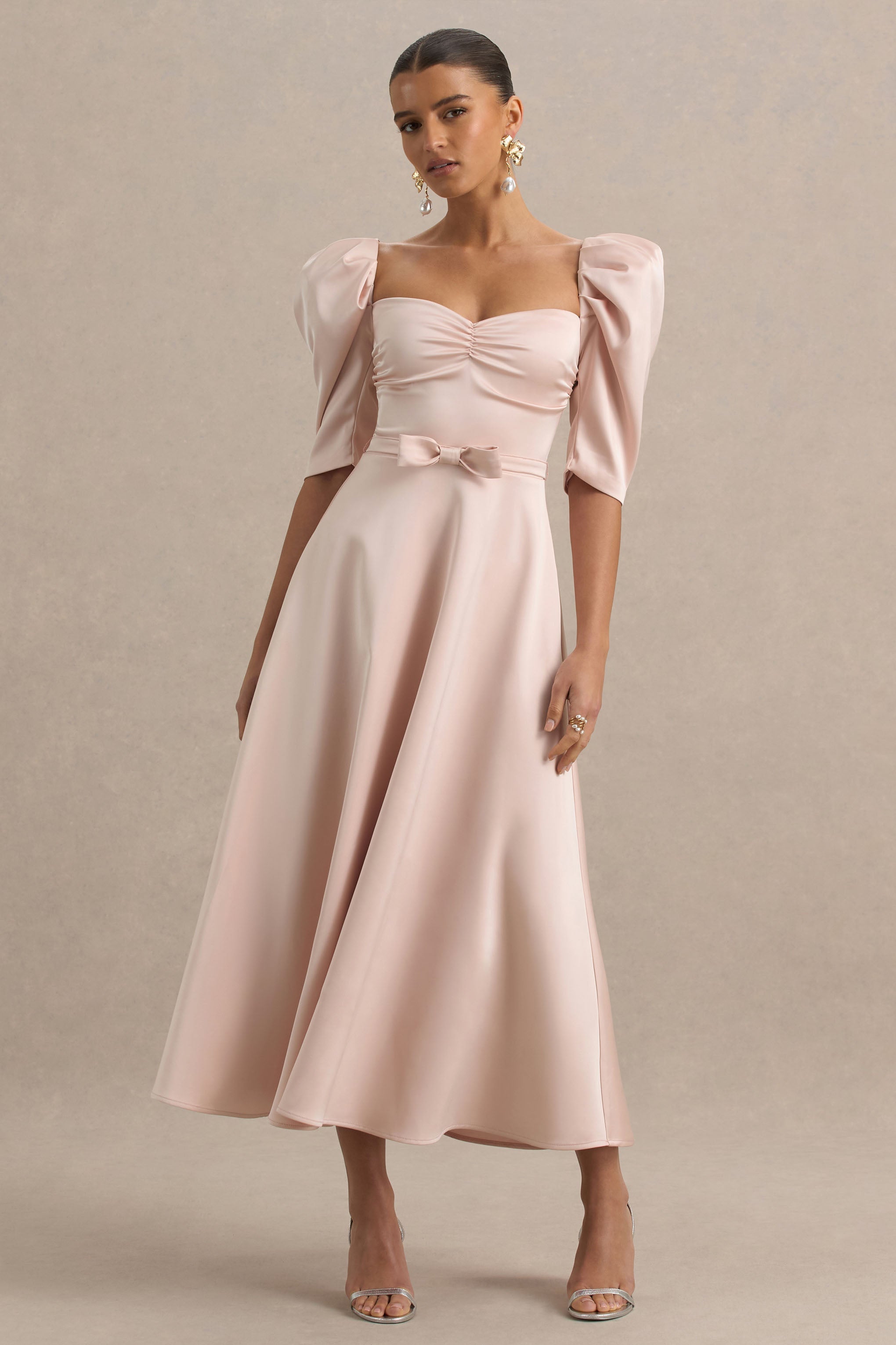 Rosey | Soluk Pembe Saten Kalp Yaka Midi Elbise