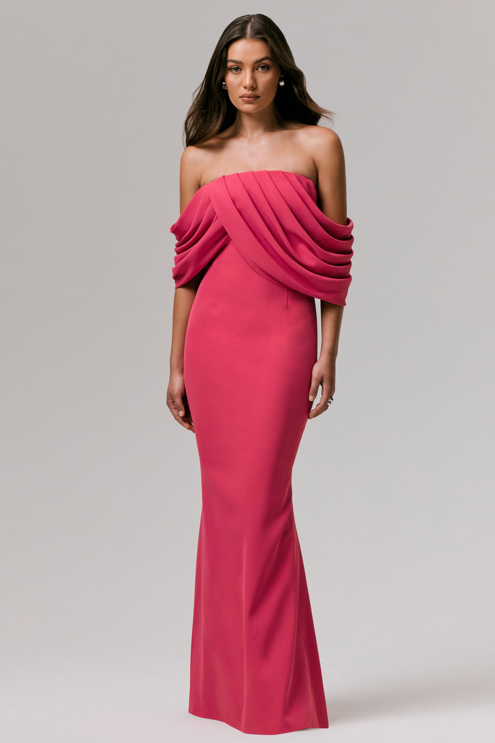 Serene | Sıcak Pembe Drapeli Bardot Maxi Elbise
