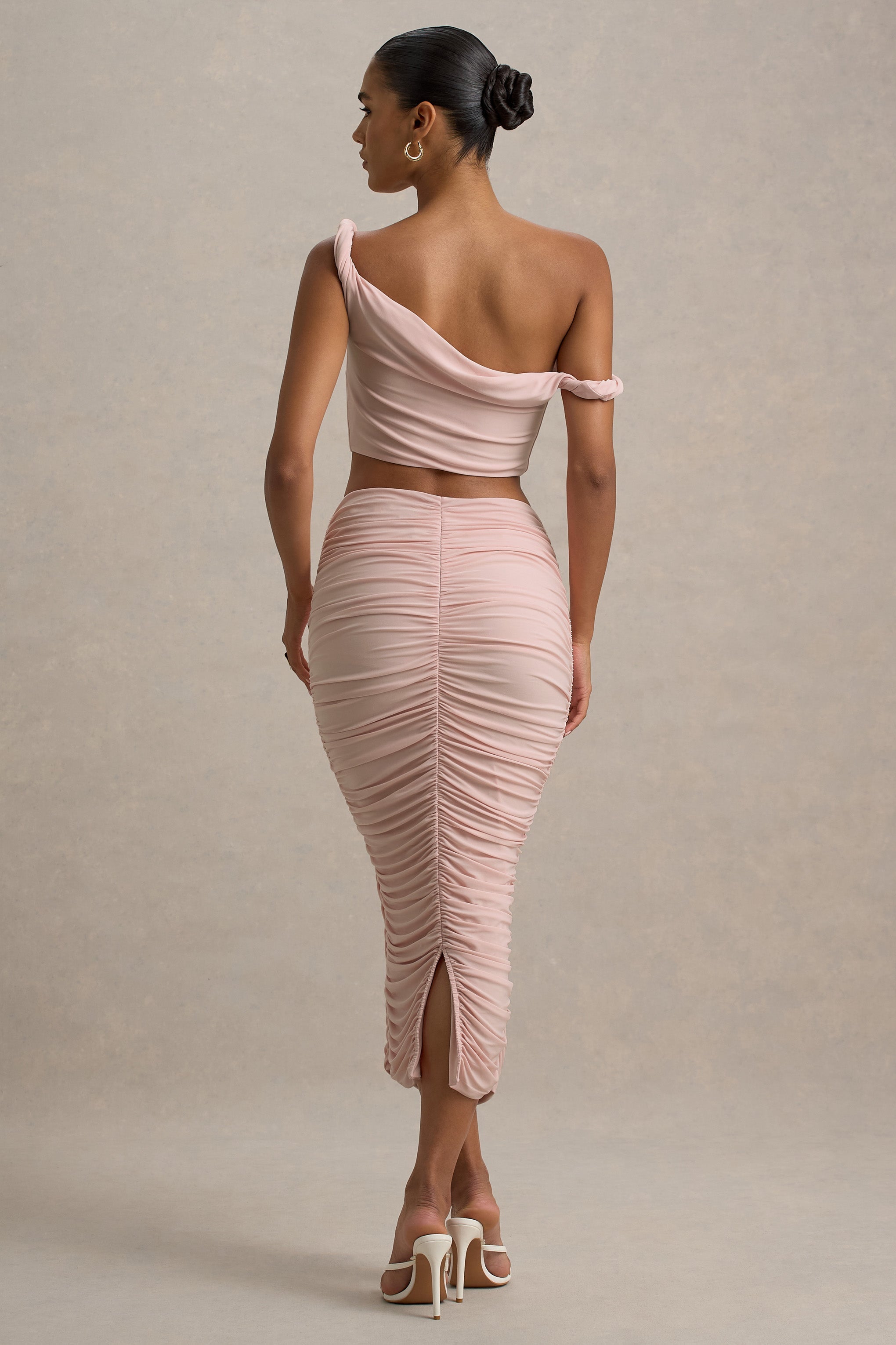 Canlı | Açık Pembe Büzgülü Midi Etek
