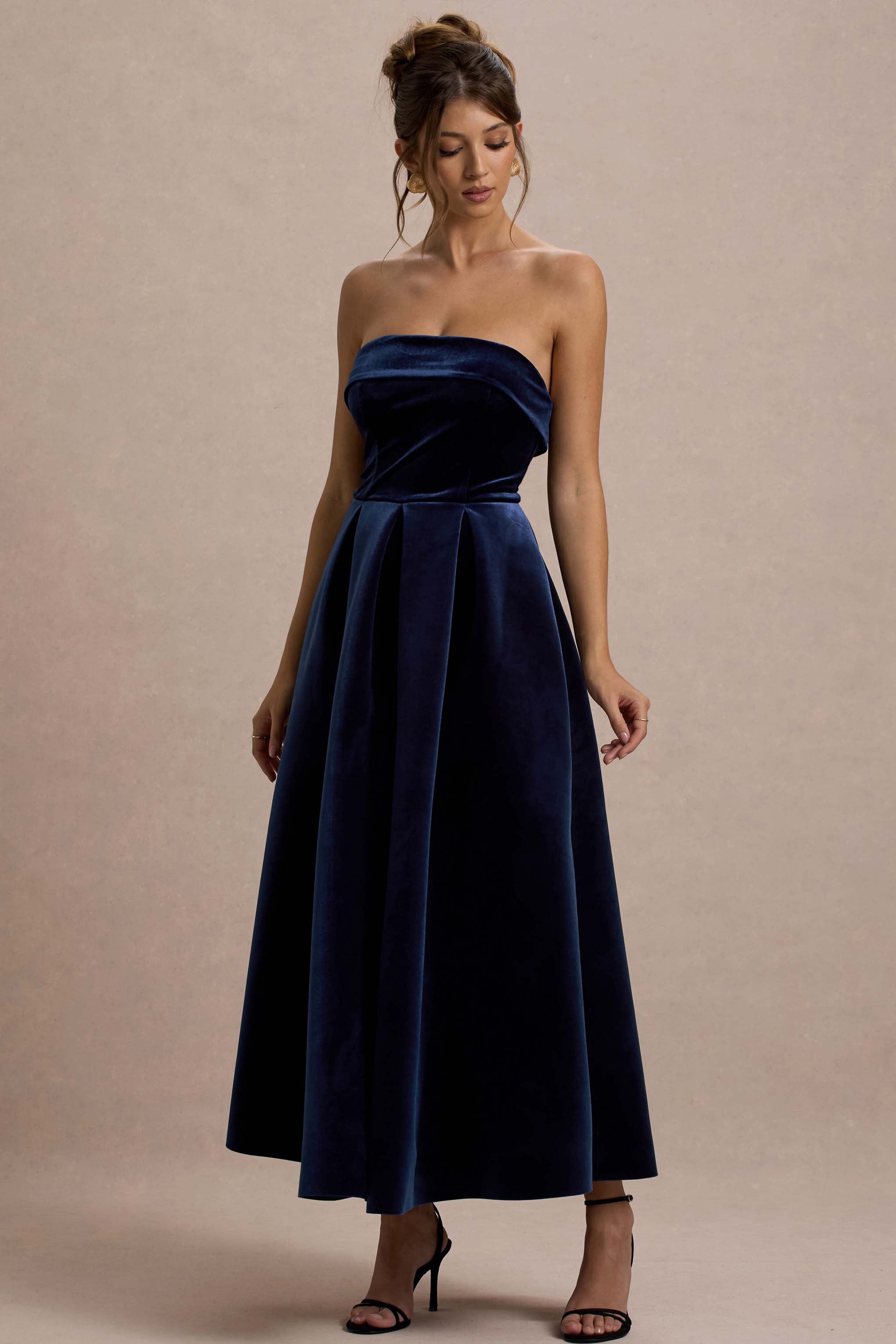 Addina | Lacivert Kadife Bandeau Midi Elbise