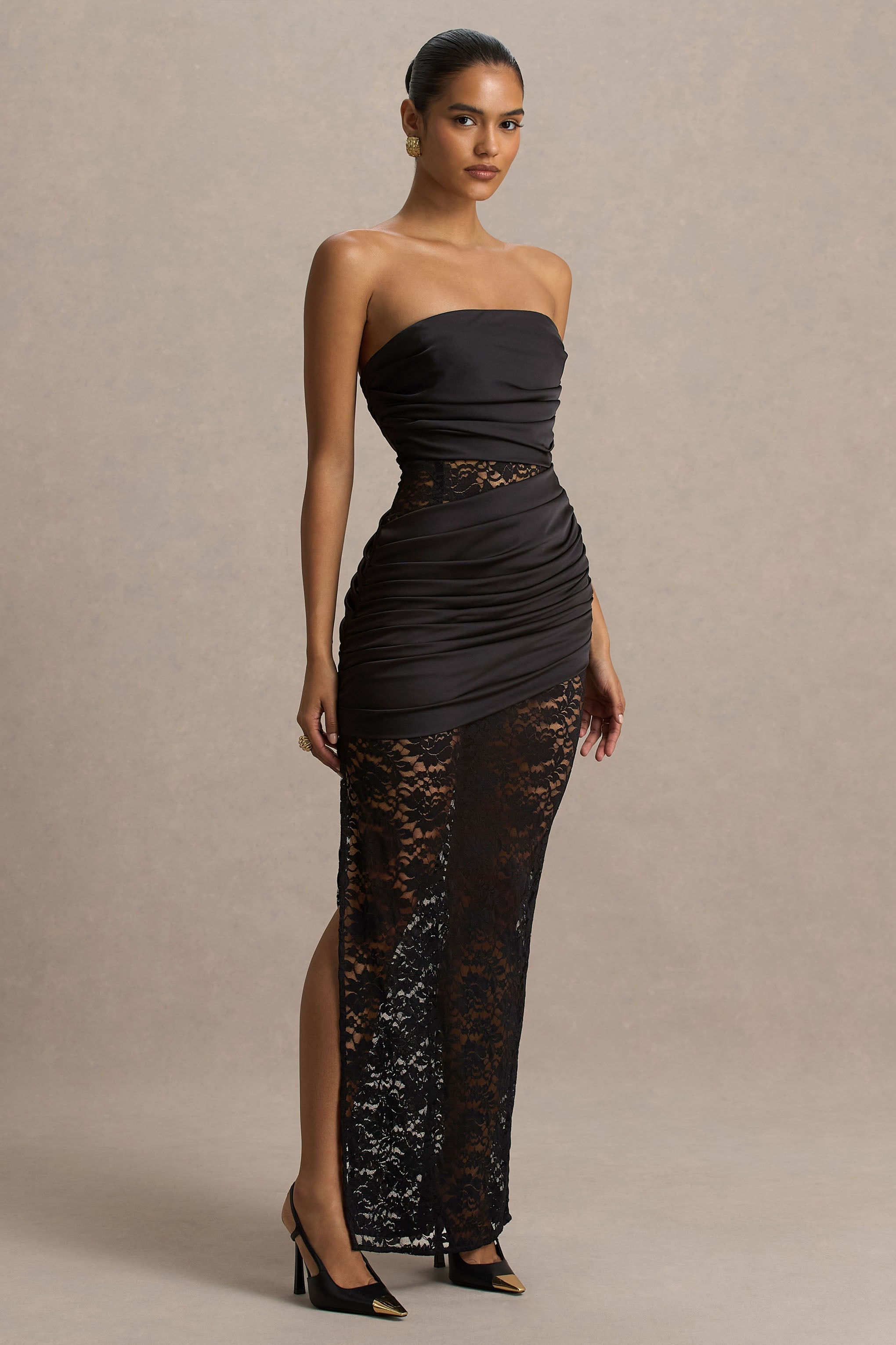 Dulcie | Siyah Dantel Bandeau Maxi Elbise, Sarma Detaylarıyla
