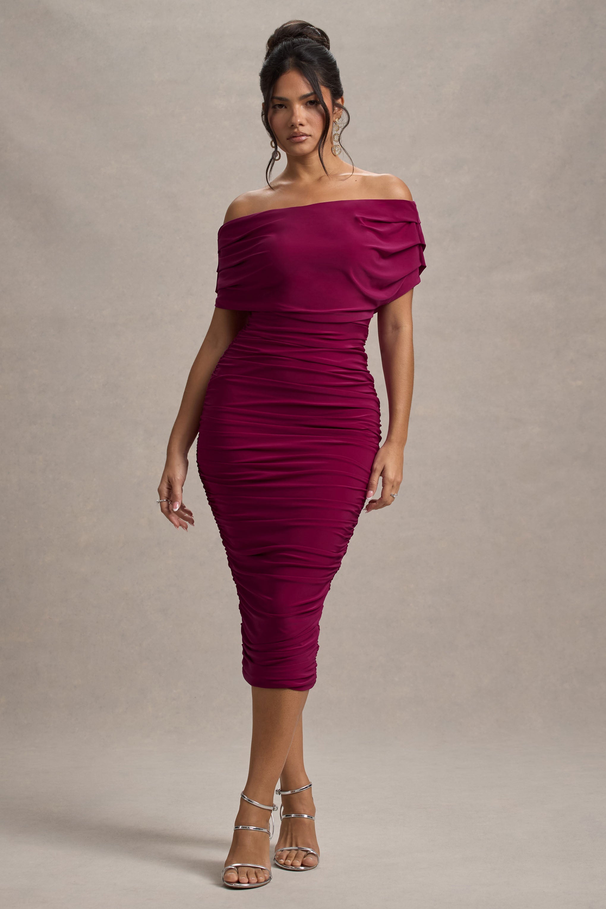 Rayleigh | Koyu Kiraz Bardot Dökümlü Midi Elbise