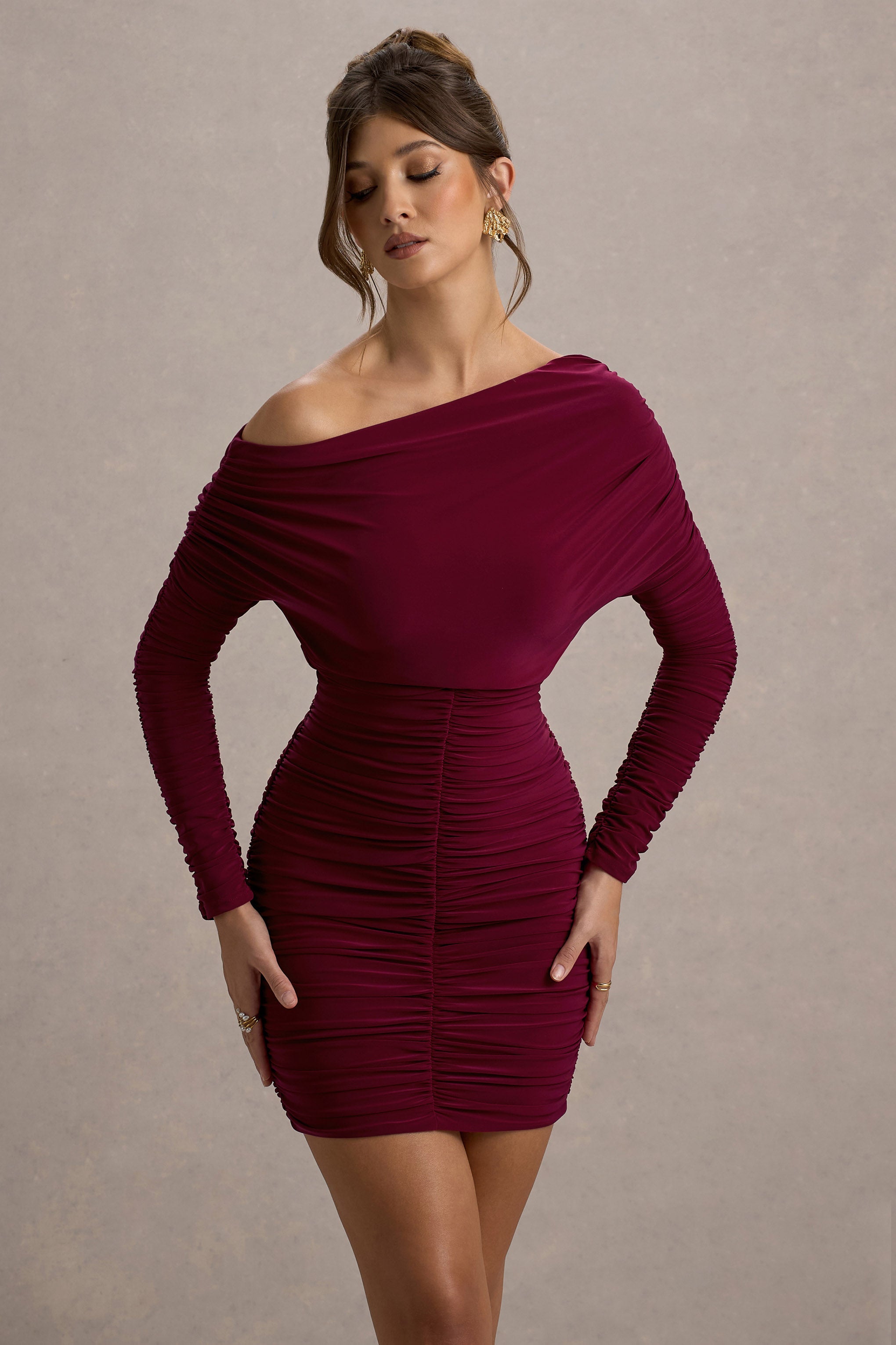 Zhara | Bordo Drapeli Tek Omuzlu Bodycon Mini Elbise
