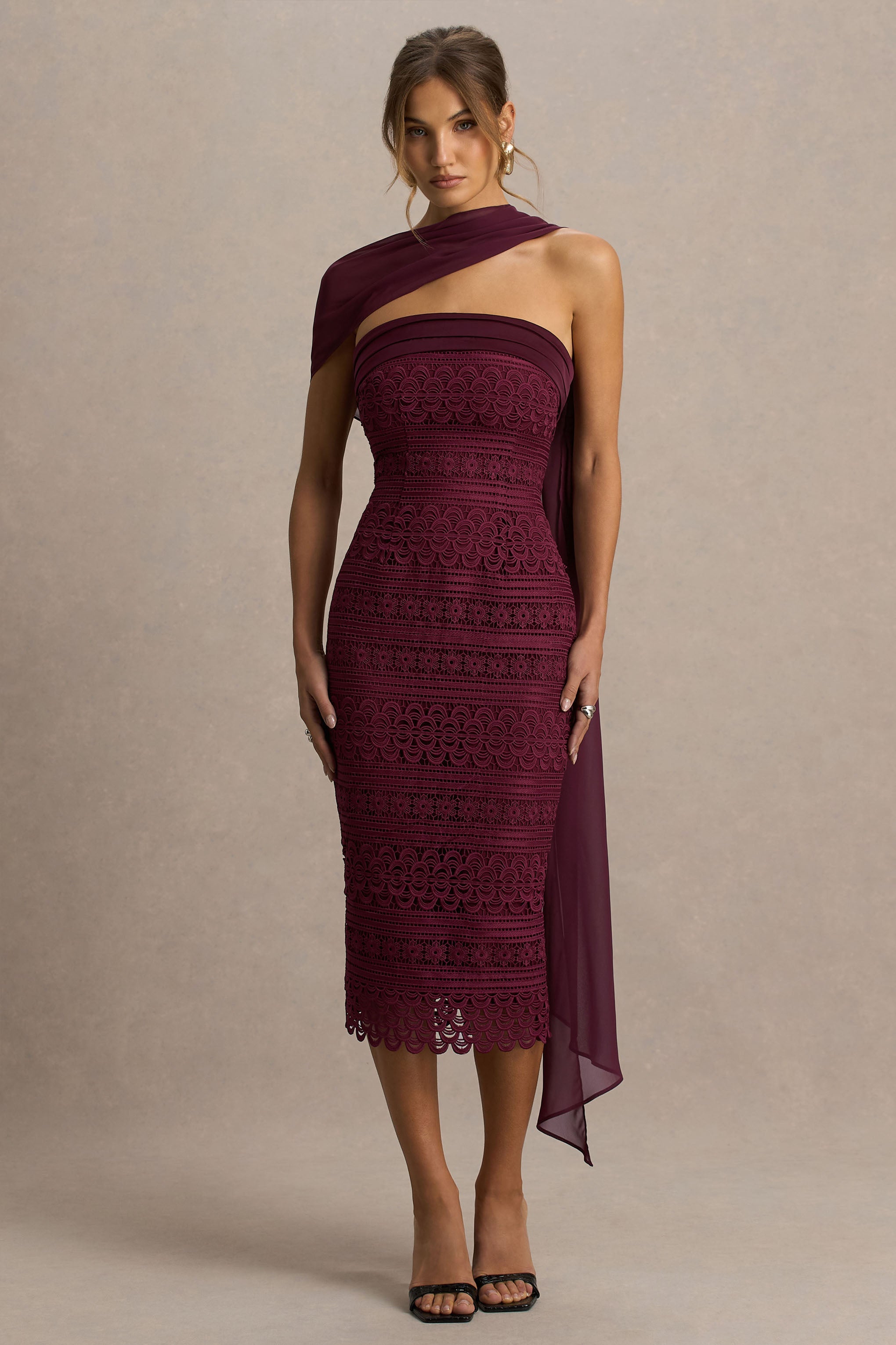 Secret | Bordo Bandeau Dantel Midi Elbise Şal Detaylı