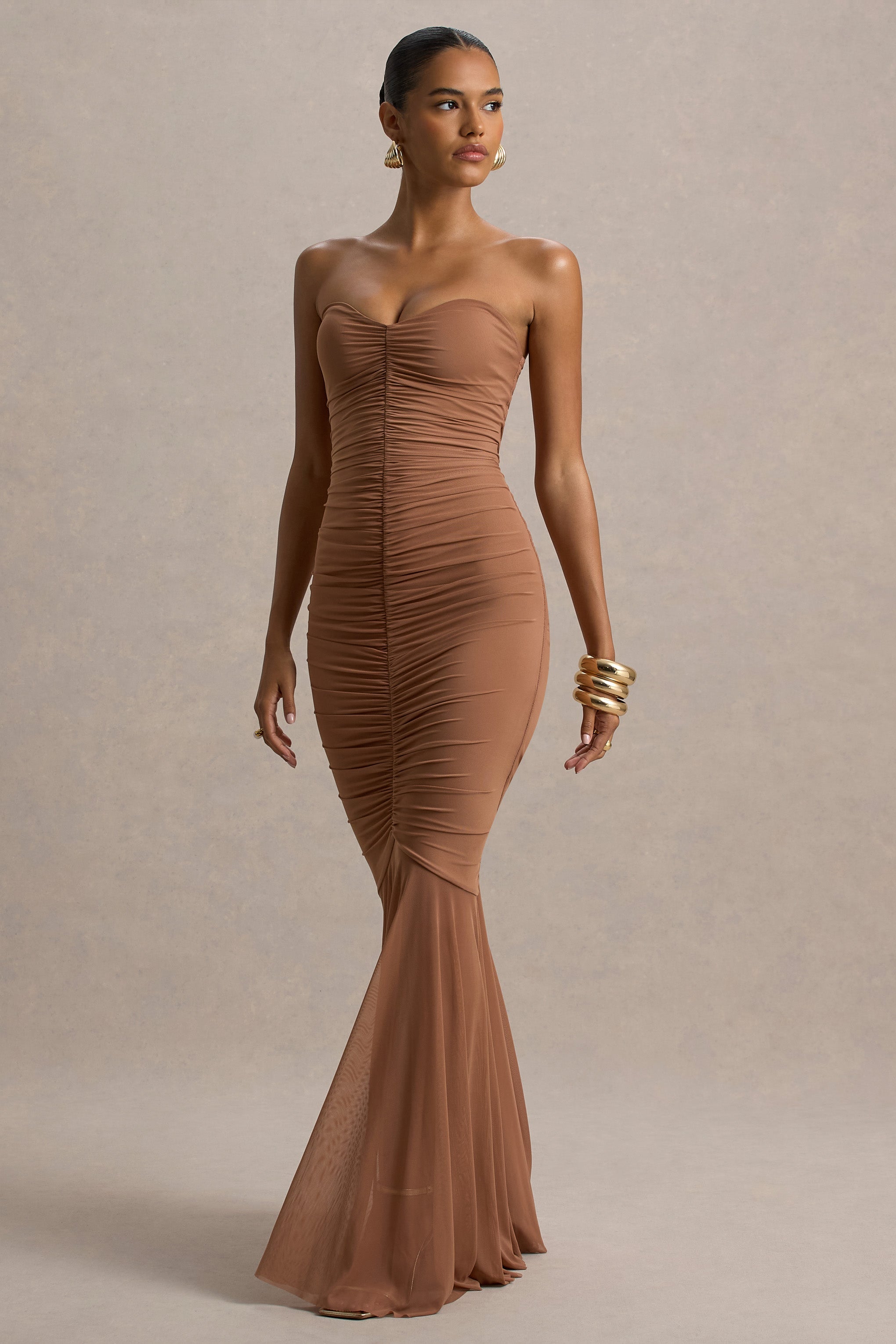 Talisa | Dantel Kenar Detaylı Mocha Ruchingli Fishtail Maxi Elbise