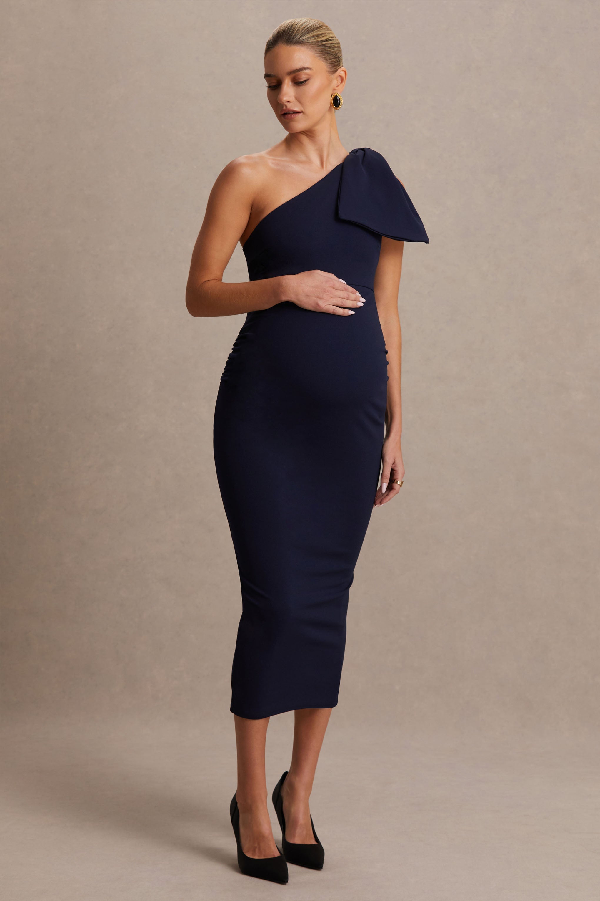 Adorn | Askı Fiyonk Detaylı Lacivert Asimetrik Hamile Midi Elbise