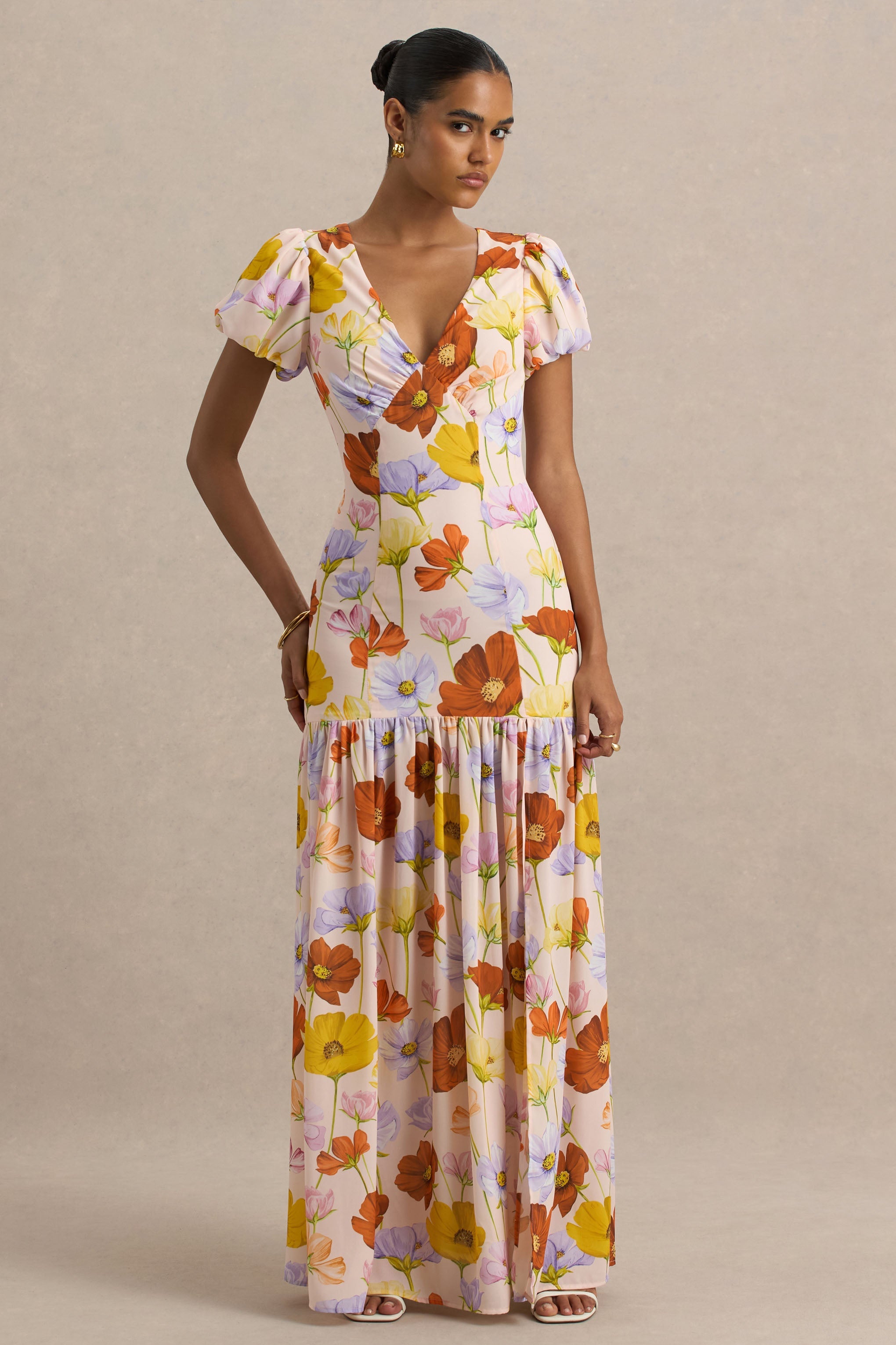 Ginny | Parlak Çiçek Desenli Kabarmalı Kol Maxi Elbise