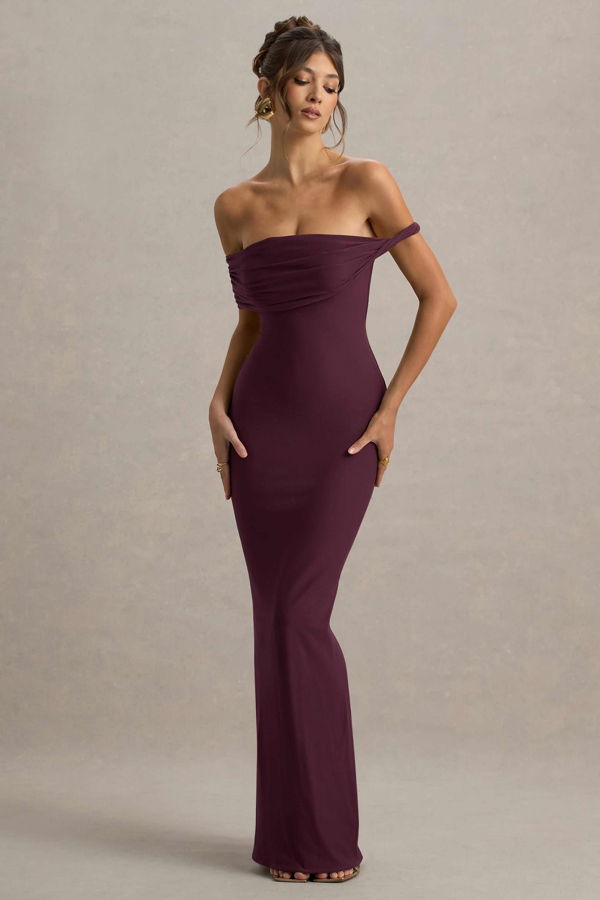 Melika | Bordo Kıvrımlı Bardot Maxi Elbise