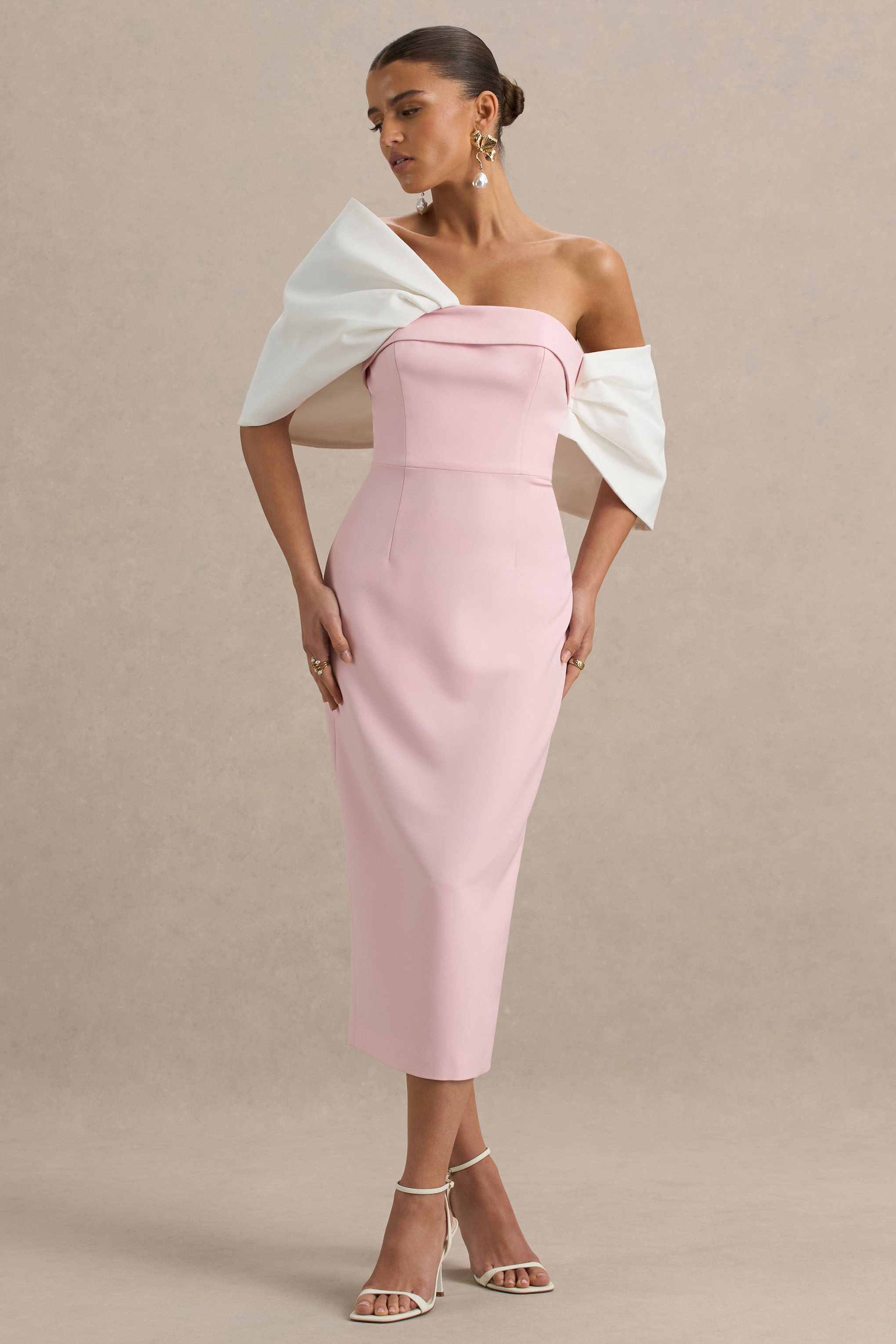 Lucille | Pembe ve Beyaz Asimetrik Bardot Midi Elbise