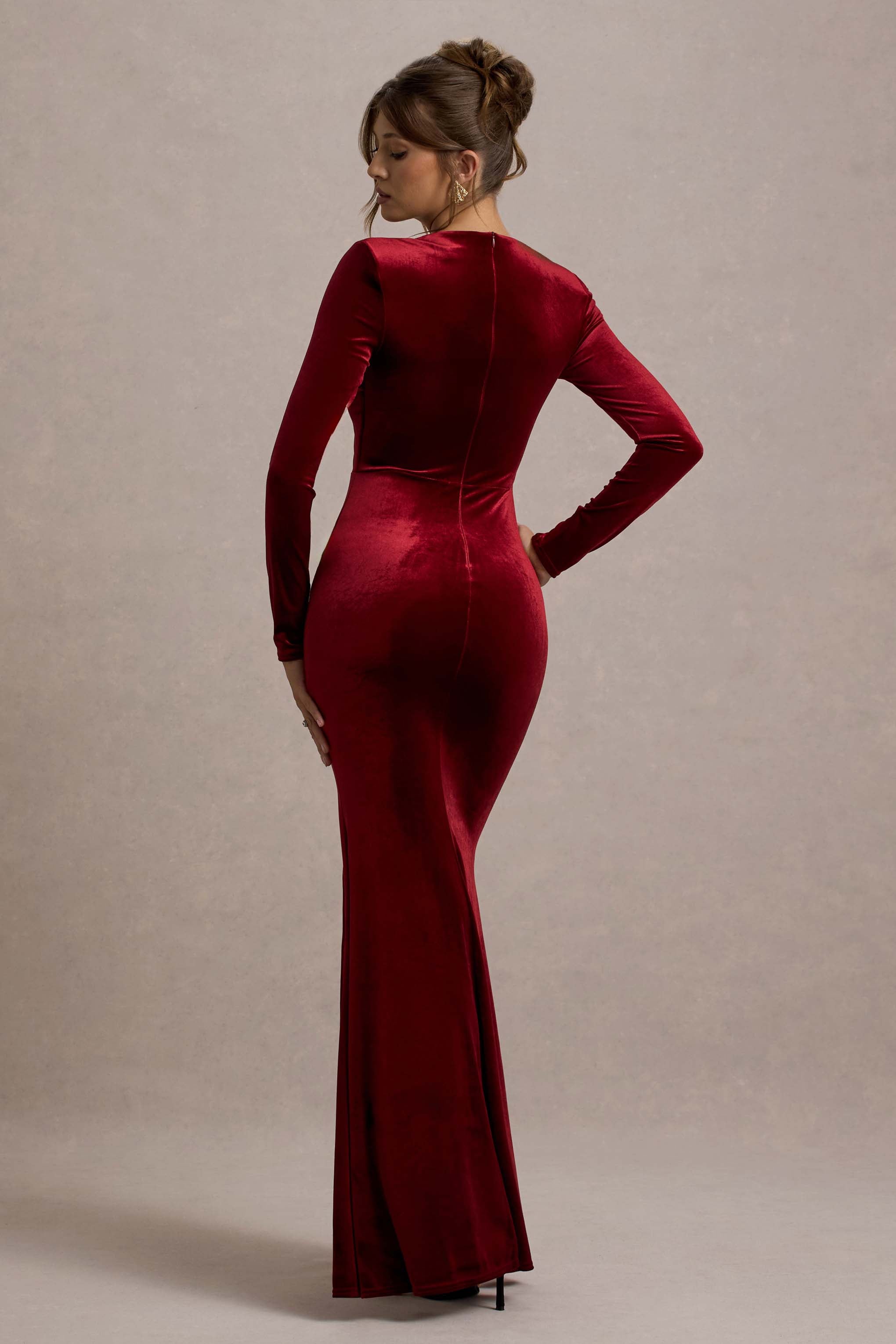 Rayla | Yırtmaçlı Berry Kadife Maxi Elbise