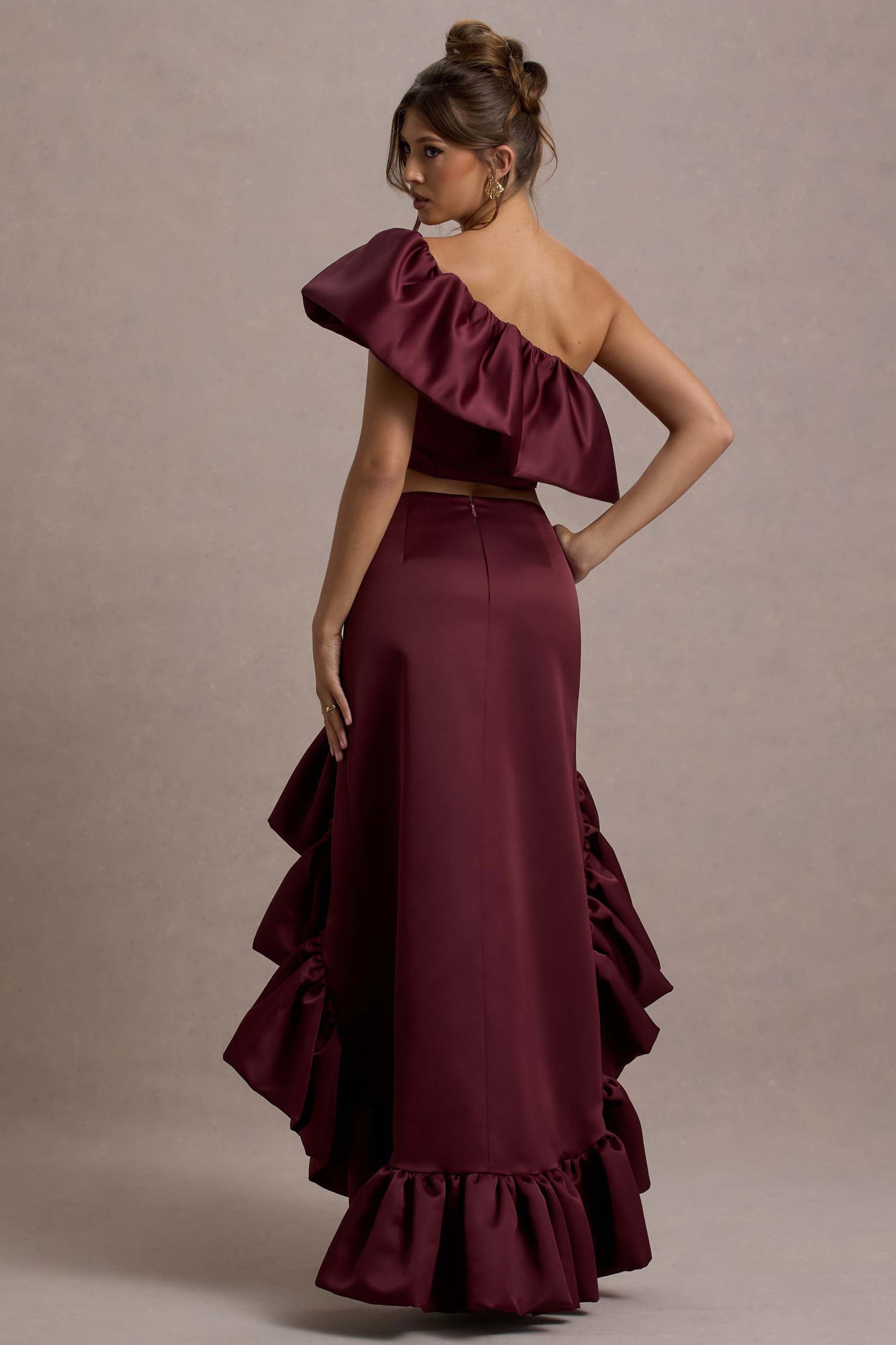 Ruby | Merlot Saten Yüksek-Düşük Maxi Etek