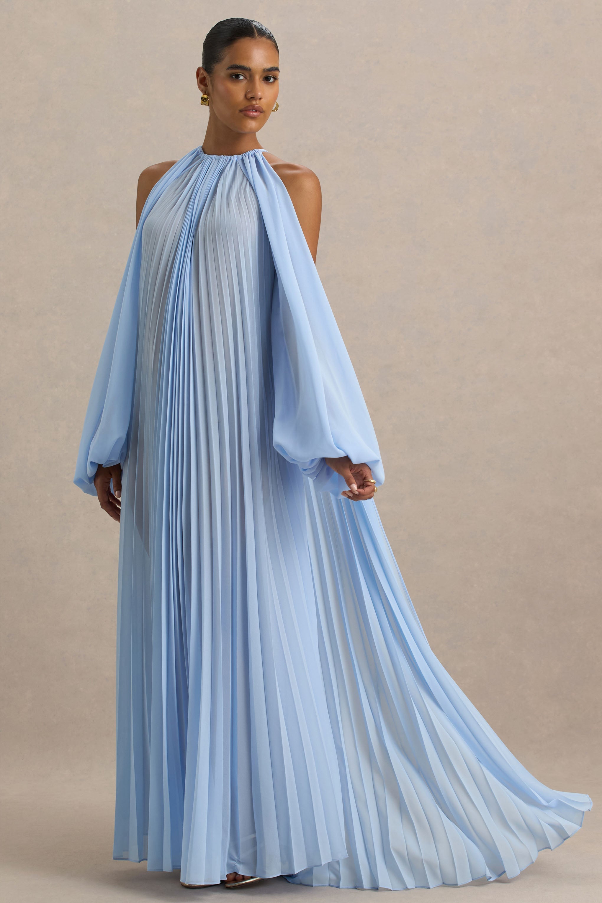 Reyna | Pudra Mavisi Plise Chiffon Soğuk Omuzlu Maxi Elbise
