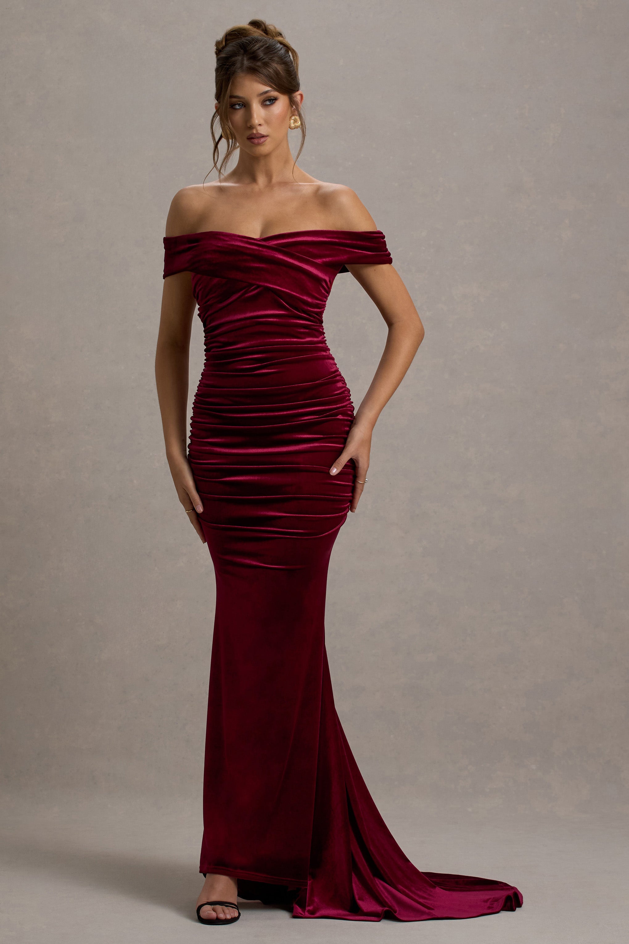 Apolline | Berry Kadife Off The Shoulder Ruchingli Fishtail Maxi Elbise