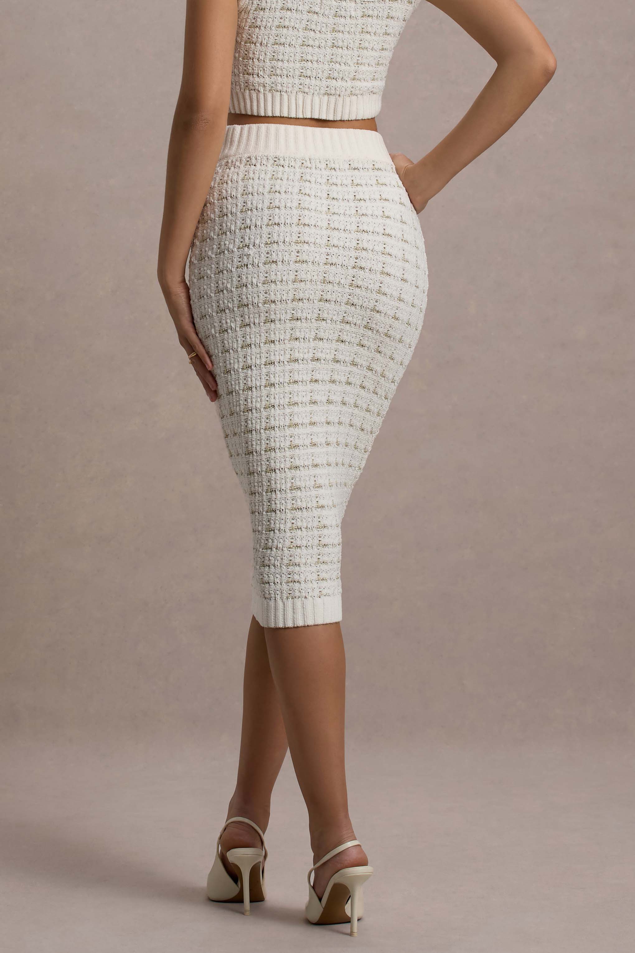 Stellina | Krem Boucle Yüksek Bel Bodycon Midi Etek