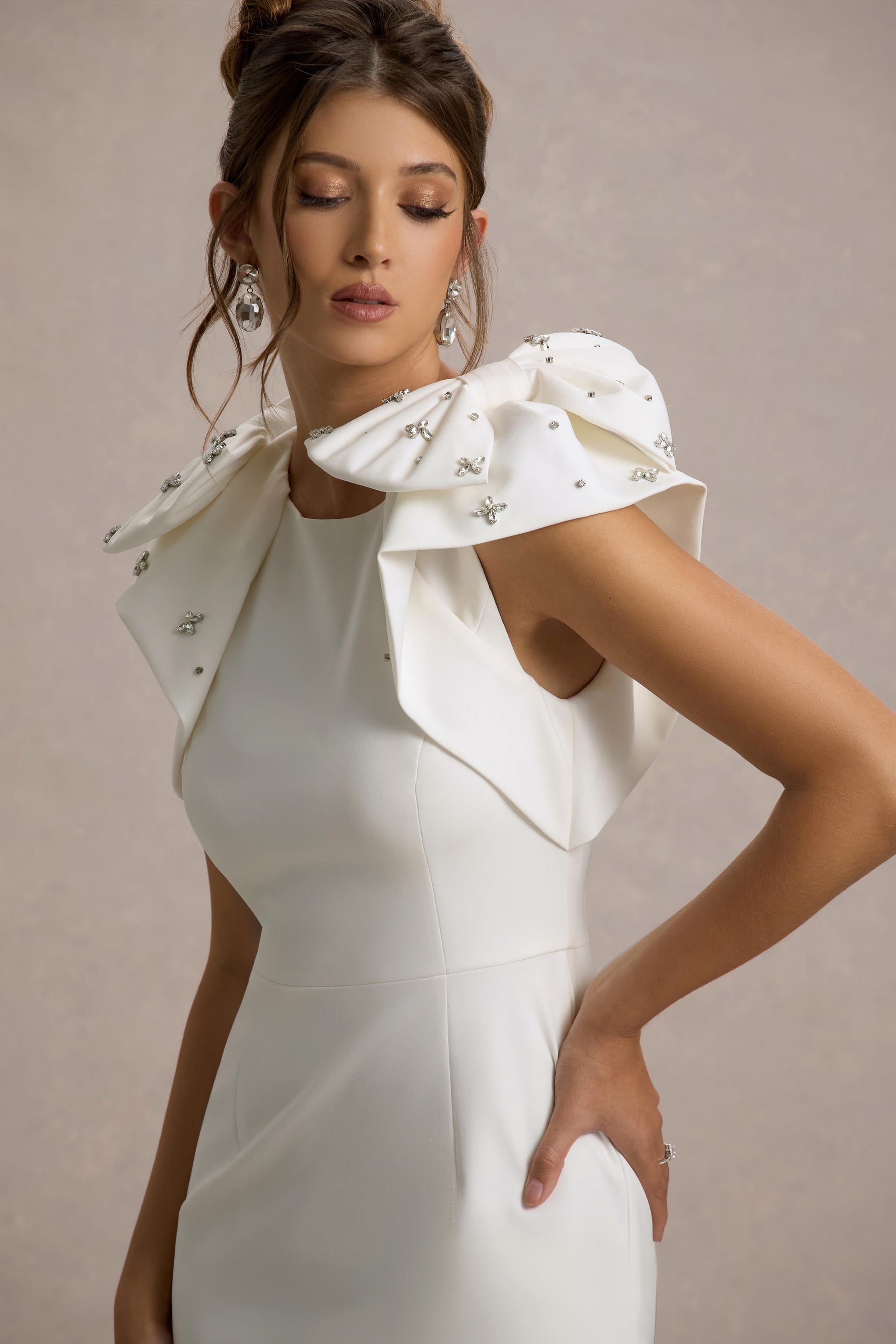 Aubrie | Fiyonk Detaylı Ecru Midi Elbise