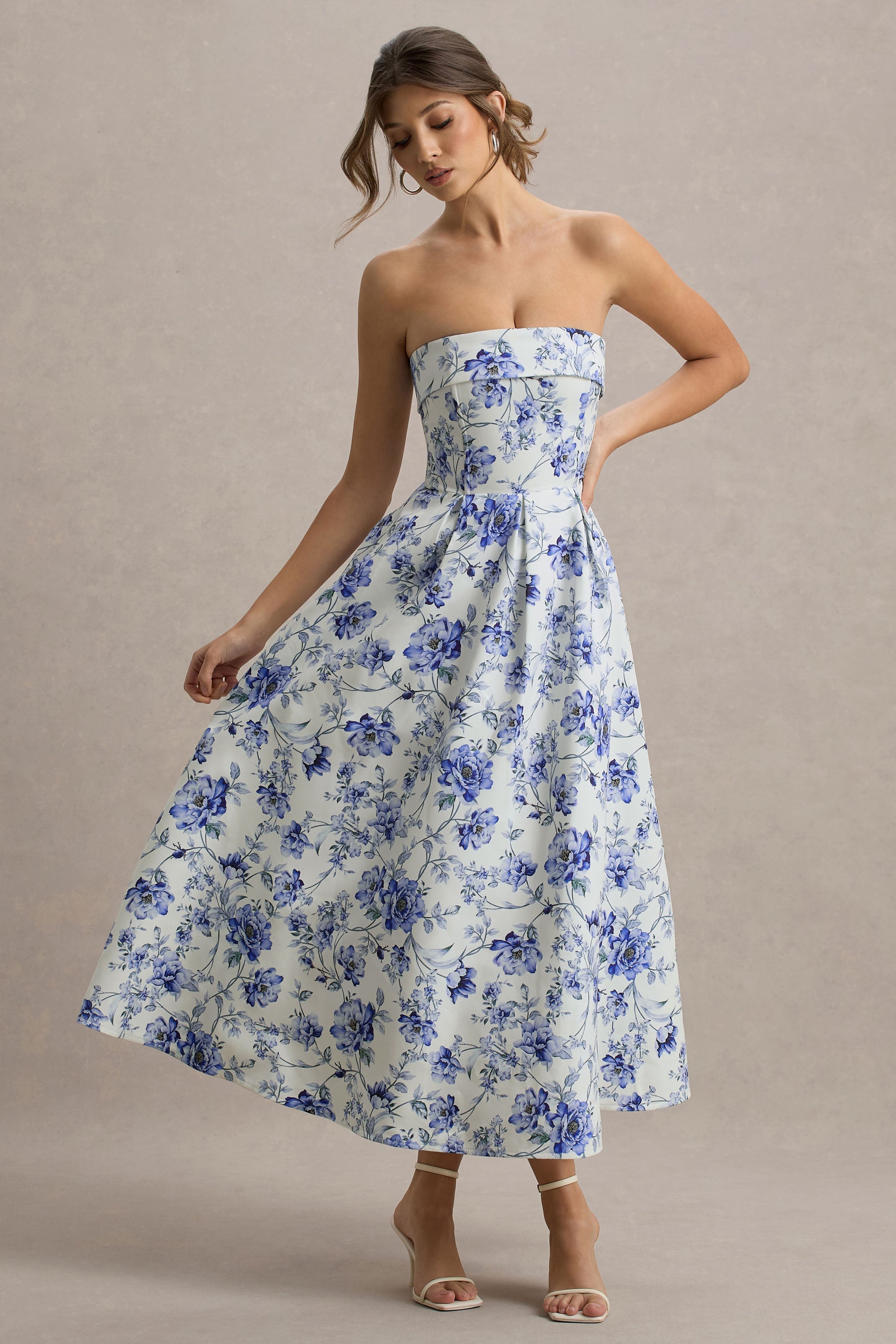 Annalise | Mavi Porselen Desenli Bandeau Midi Elbise