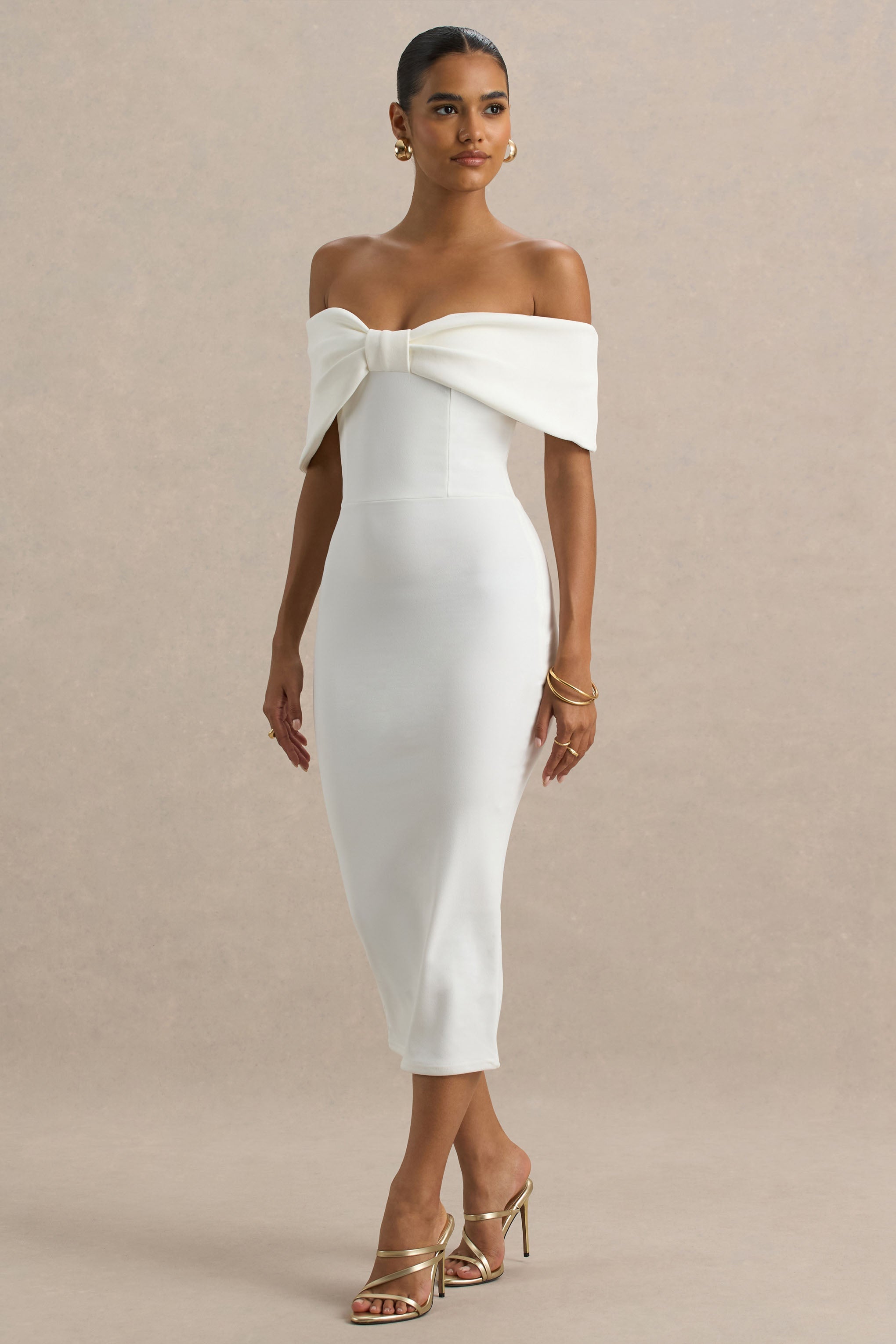 Bayshore | Beyaz Kemerli Bardot Midi Elbise