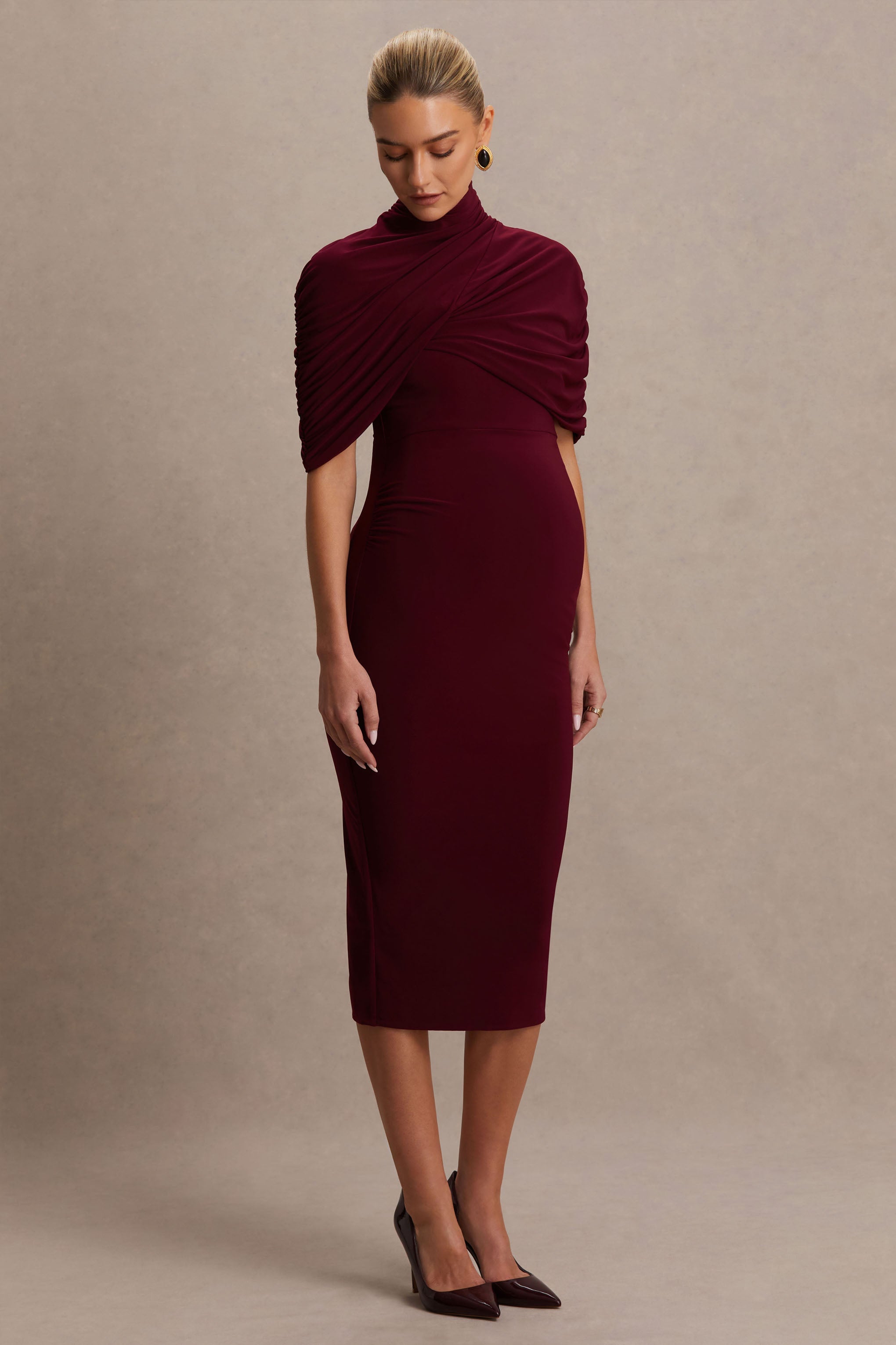 Augustina | Kırmızı Şarap Renkli Hamile Midi Elbise Pelerinli