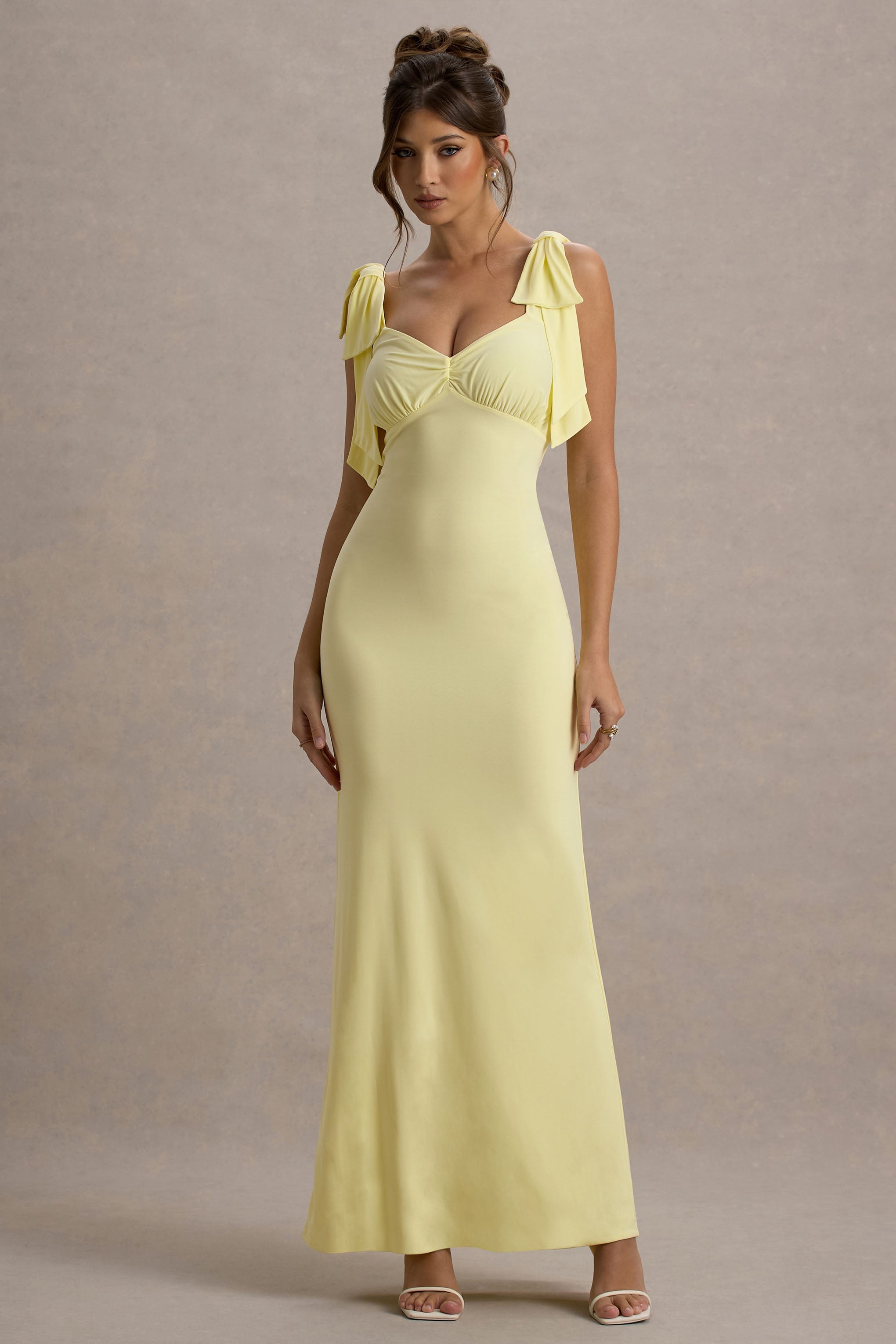 Evanna | Fiyonk Askılı Limon V Yaka Maxi Elbise