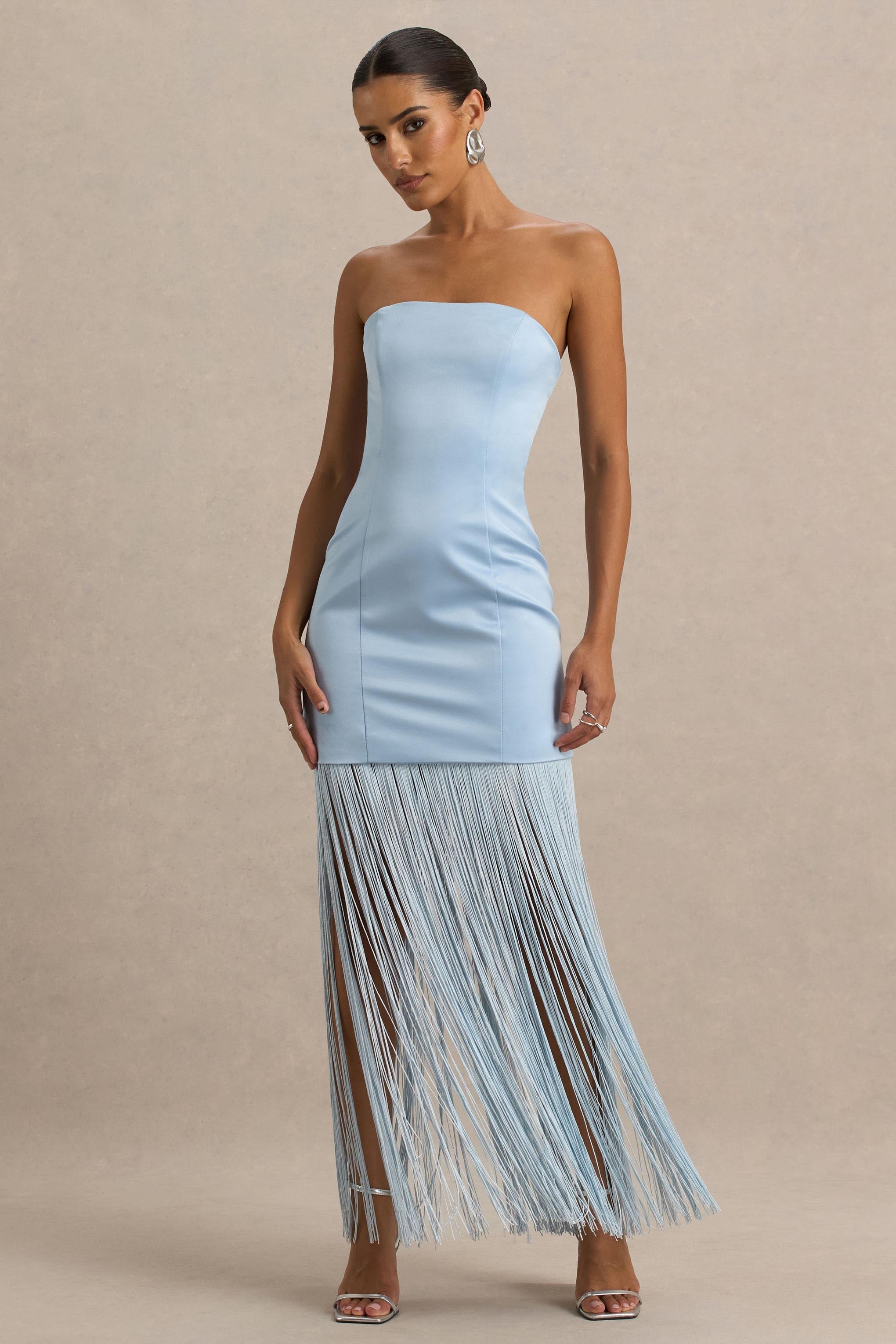 Trinity | Franjeli Pudra Mavi Saten Bandeau Maxi Elbise