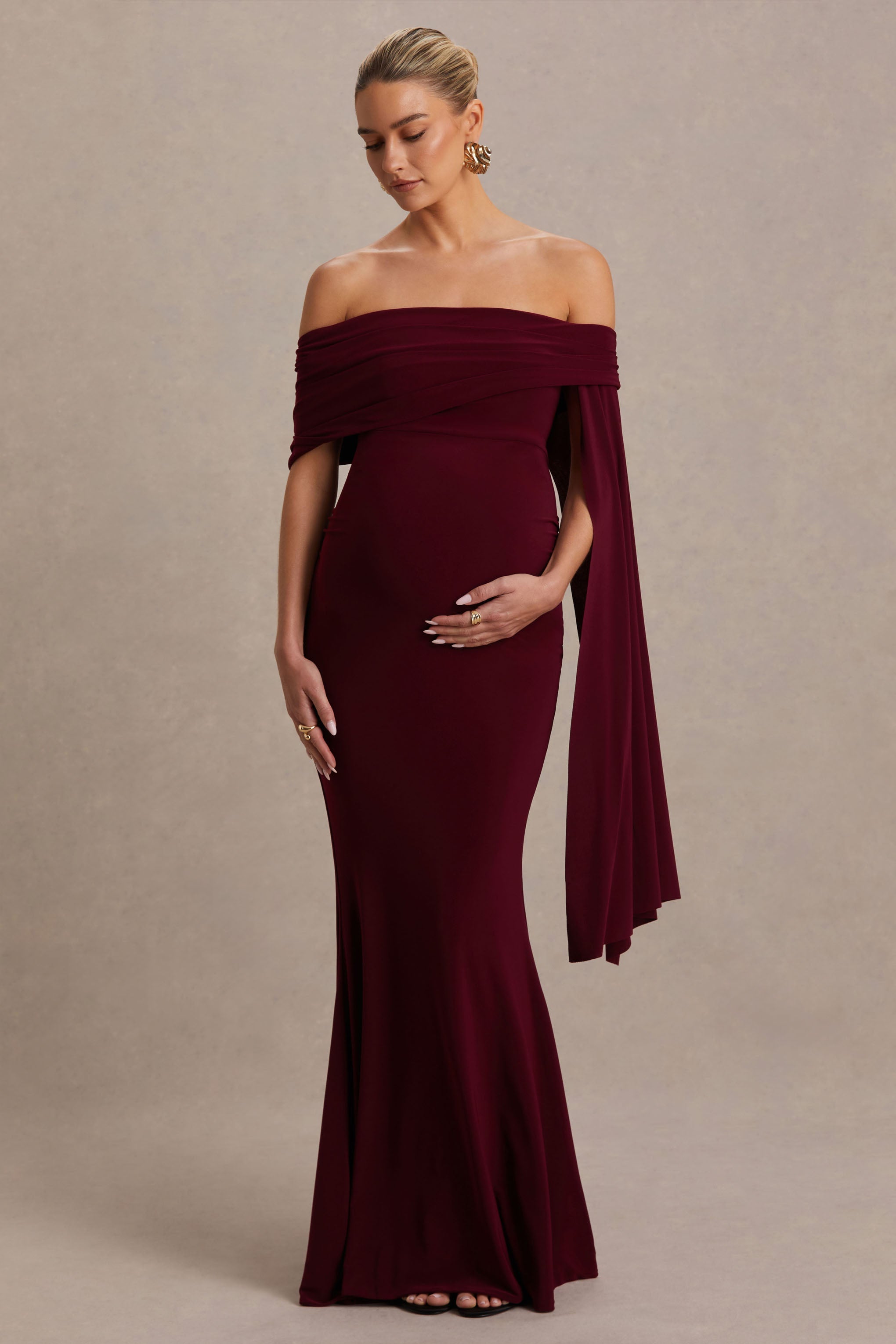 Aquila | Bordo Bardot Hamile Maxi Elbise Drape Kol ile