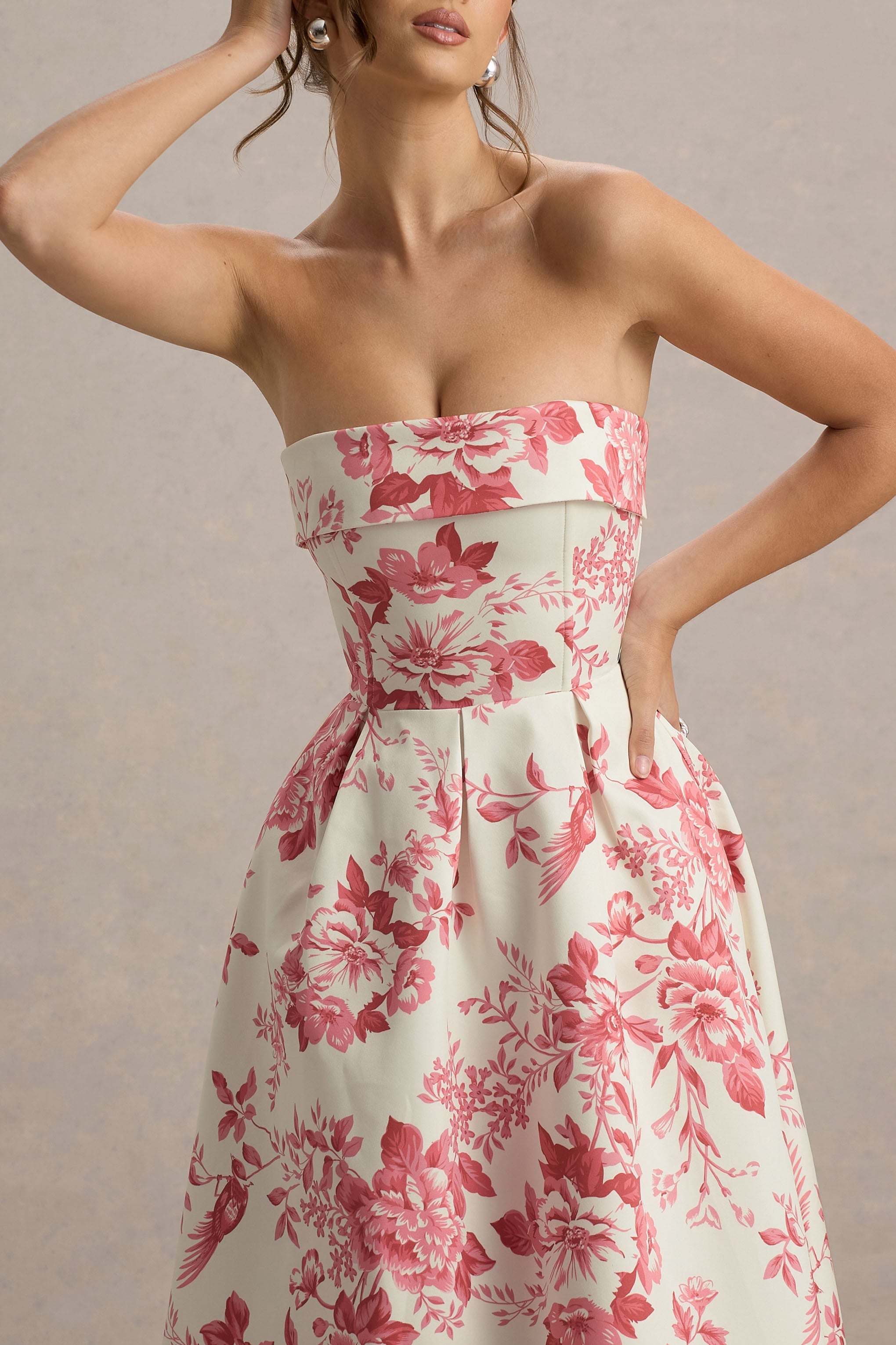 Annalise | Pembe Porselen Desenli Bandeau Skater Midi Elbise