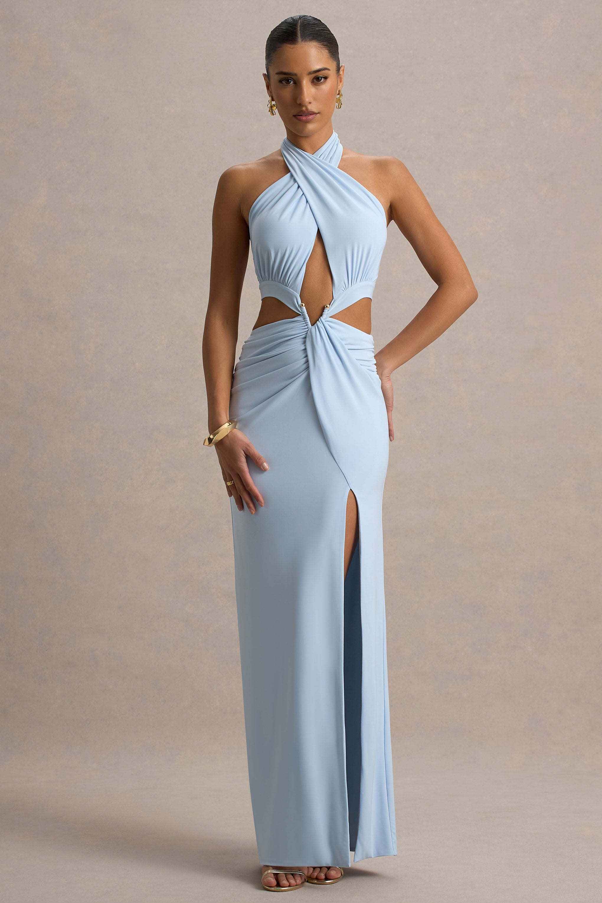 Aura | Pudra Mavisi Halter Yaka Kesik Maxi Elbise