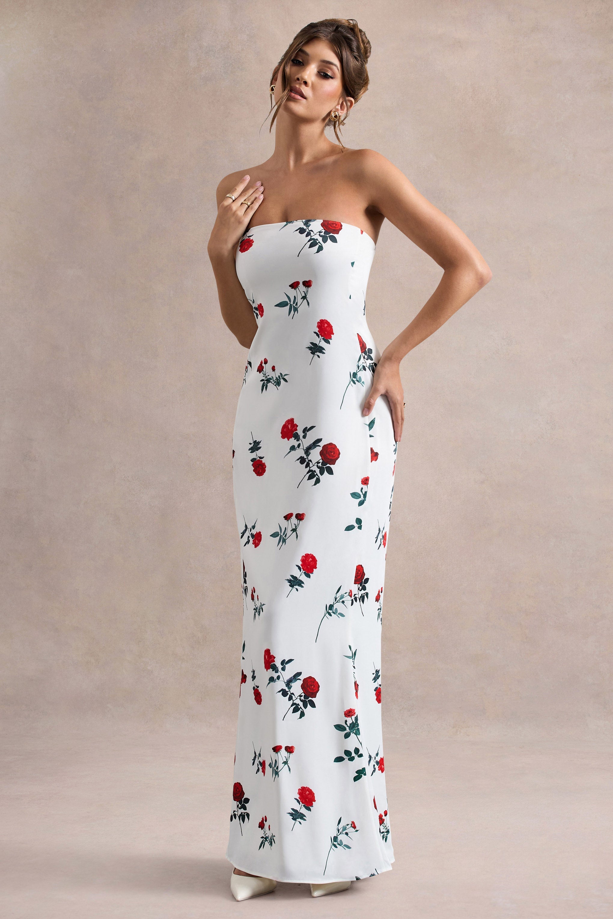 Azra | Gül Desenli Saten Bandeau Maxi Elbise