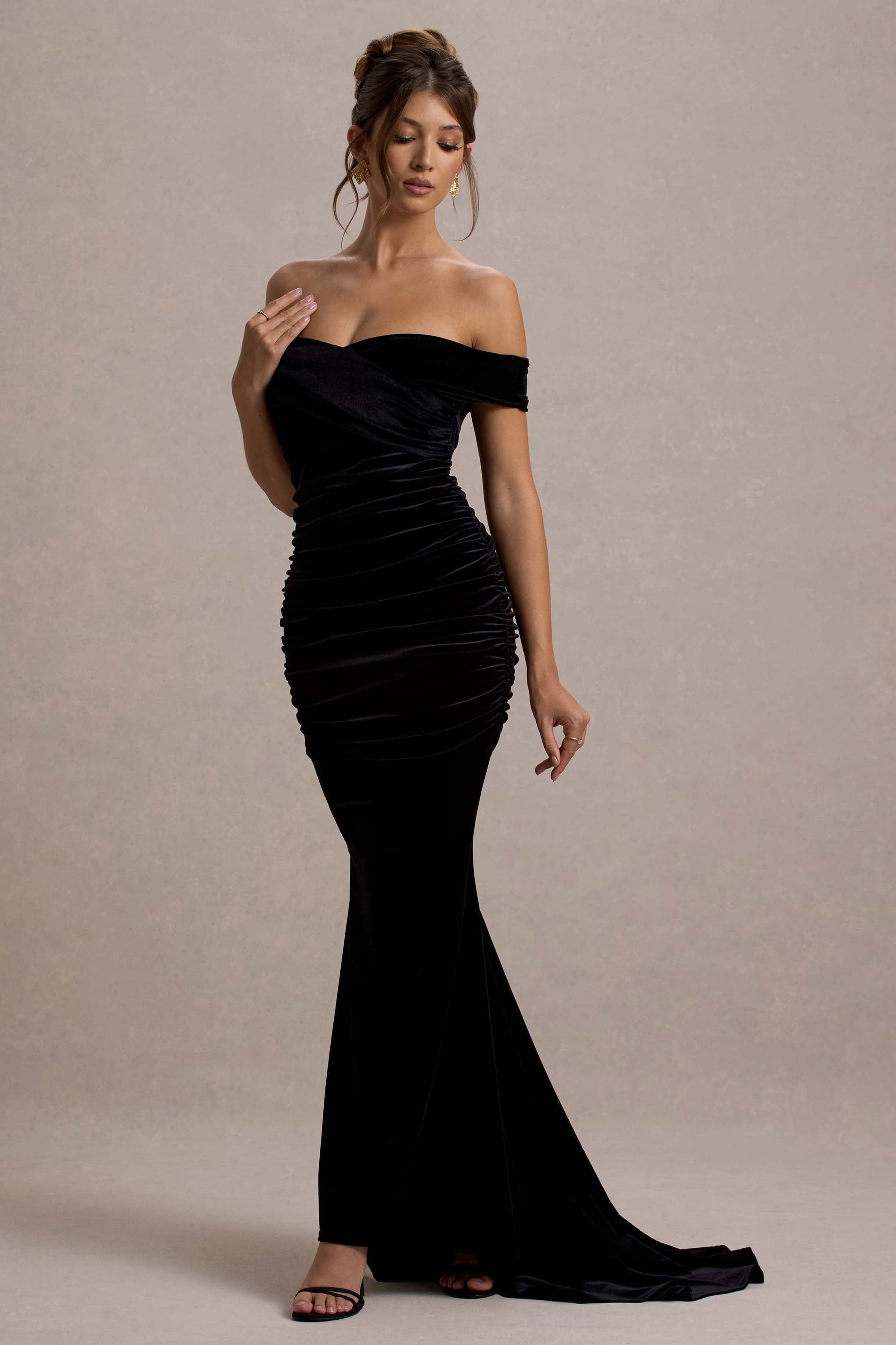 Apolline | Siyah Kadife Off The Shoulder Ruching Fishtail Maxi Elbise