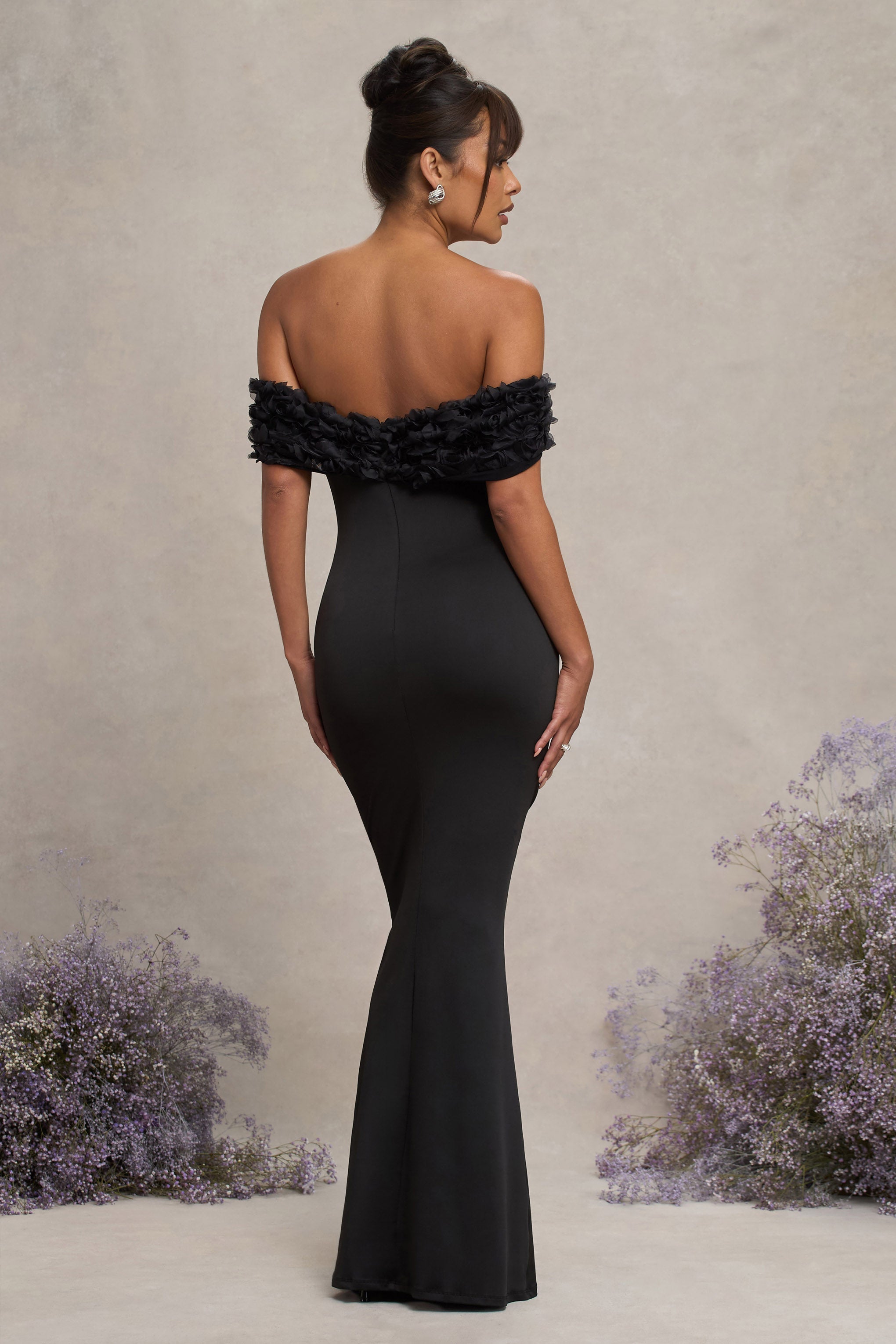 Çiçek Açma | Siyah File Çiçekli Bardot Hamile Maxi Elbise