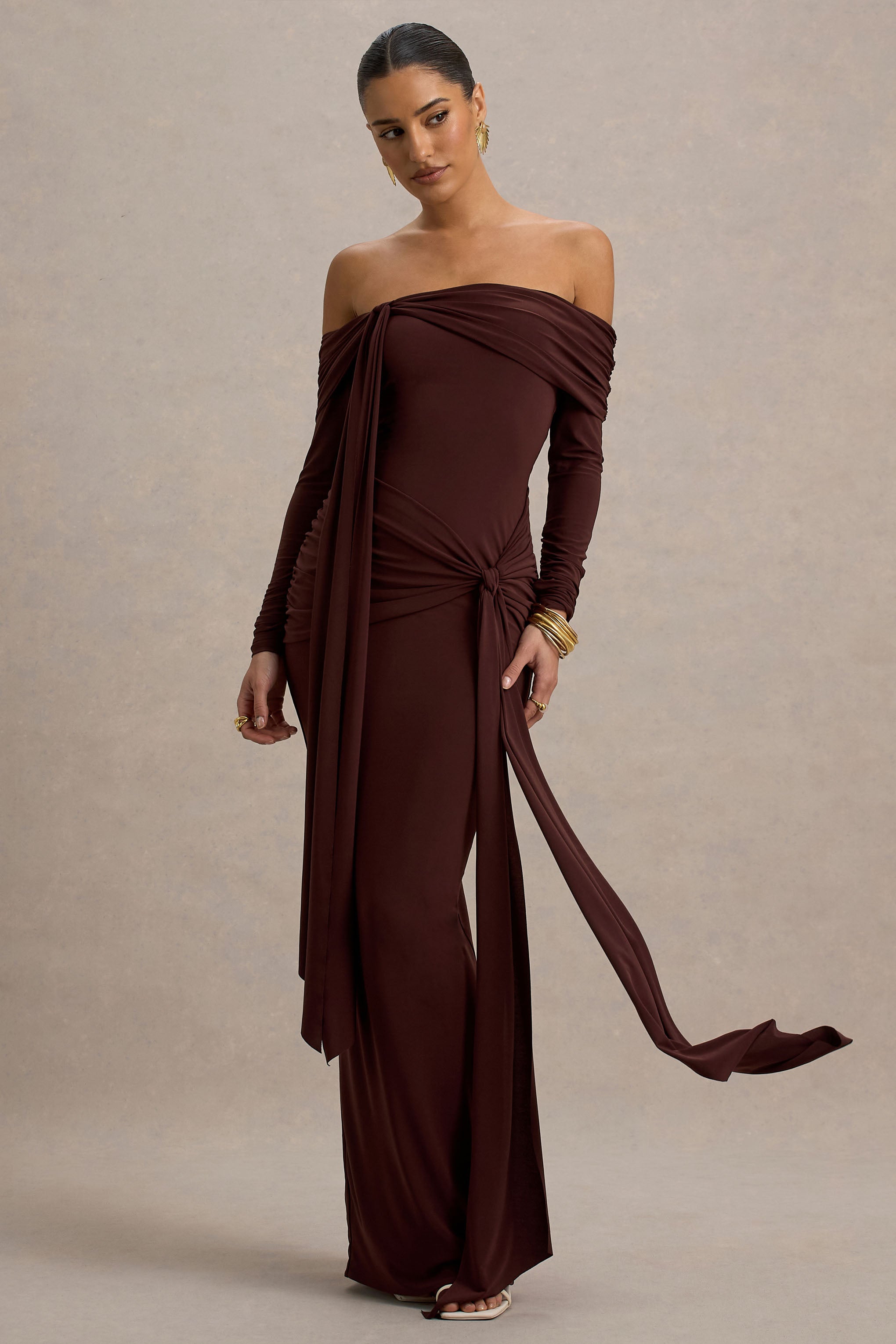 Jovie | Sash Detaylı Kahverengi Bardot Sarma Maxi Elbise