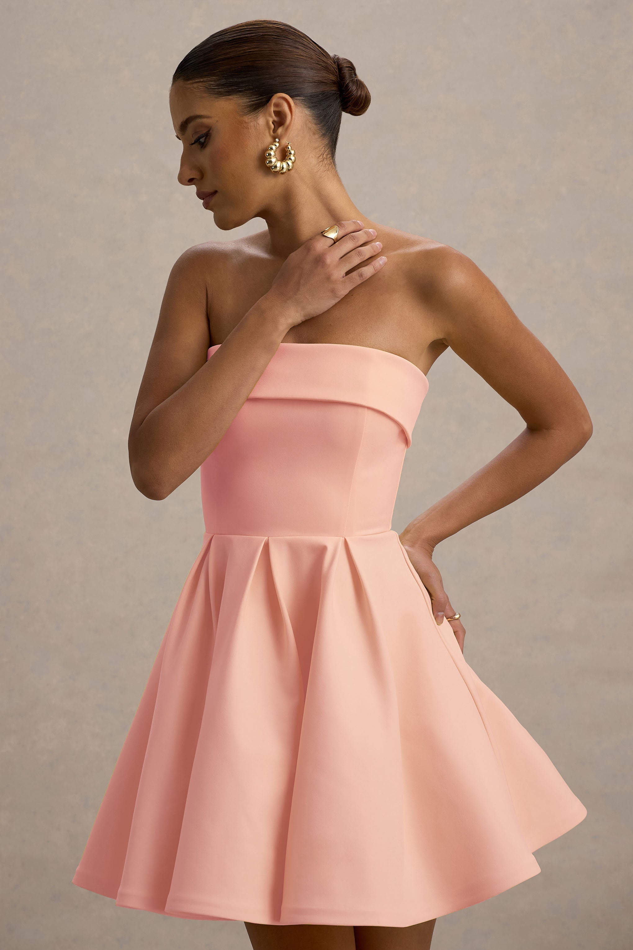 Bruna | Açık Pembe Bandeau Kayık Mini Elbise