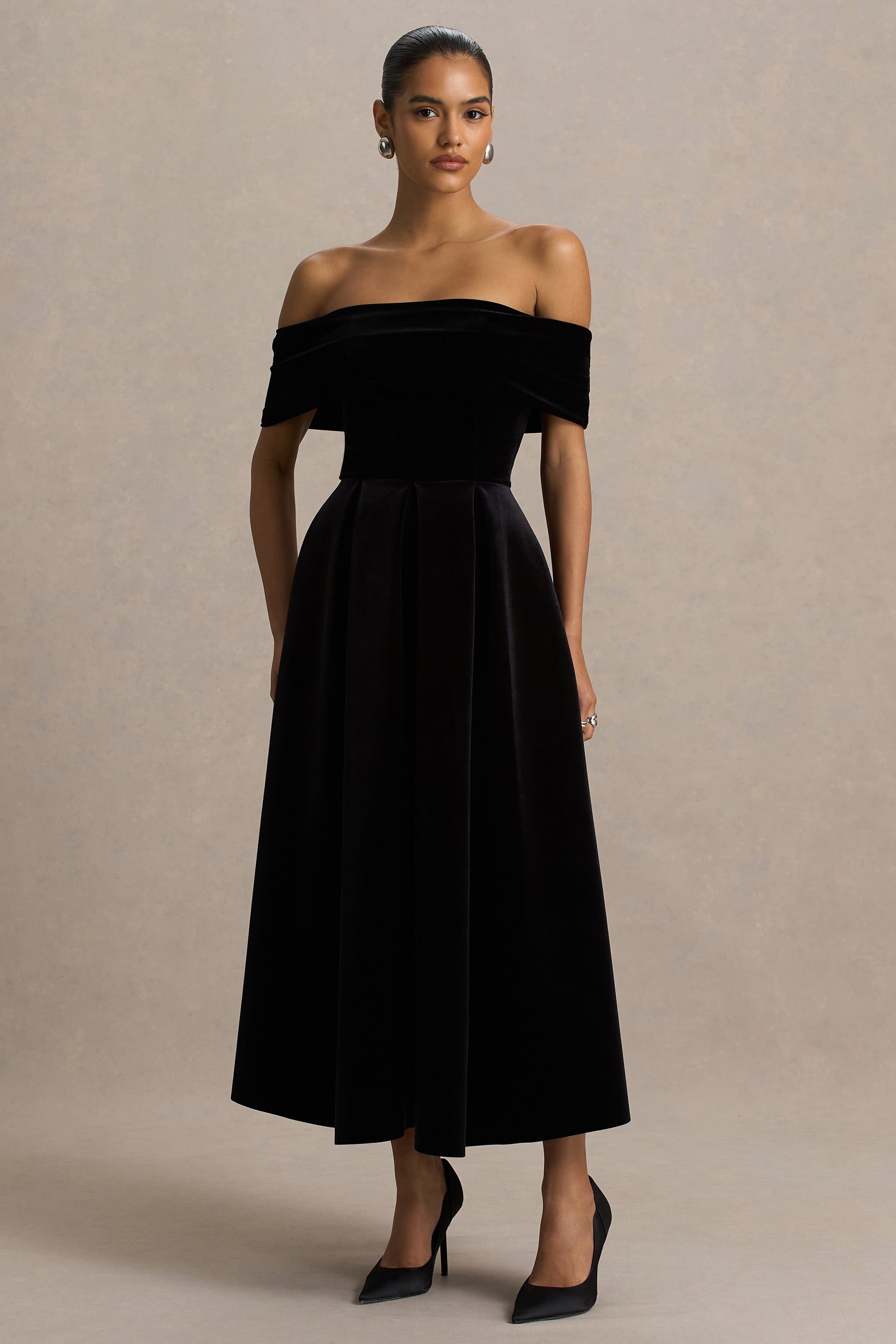 Ablaze | Siyah Kadife Bardot Yaka Maxi Elbise