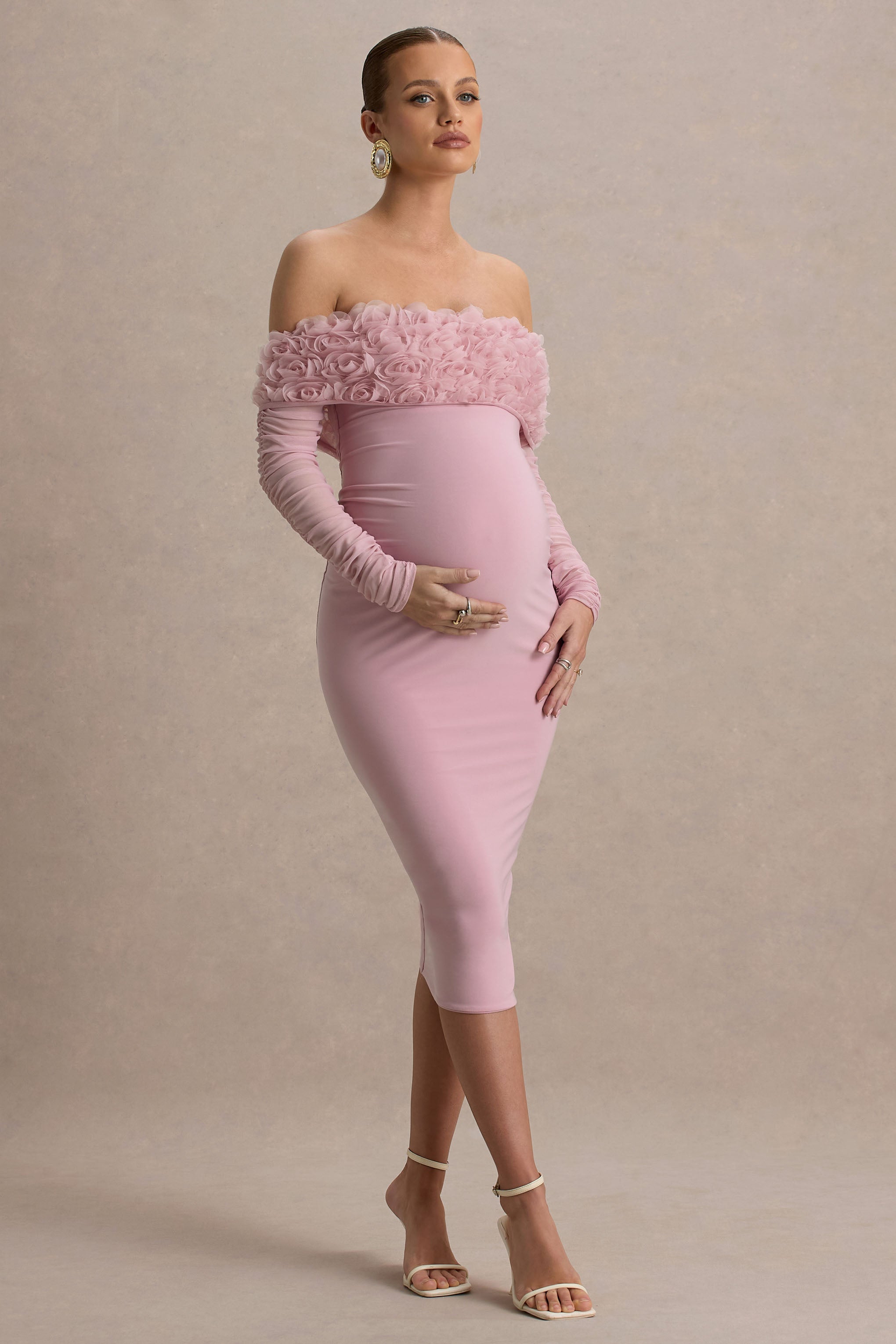 Adita | Pembemsi Pembe Dantel Çiçekli Bardot Hamile Midi Elbise