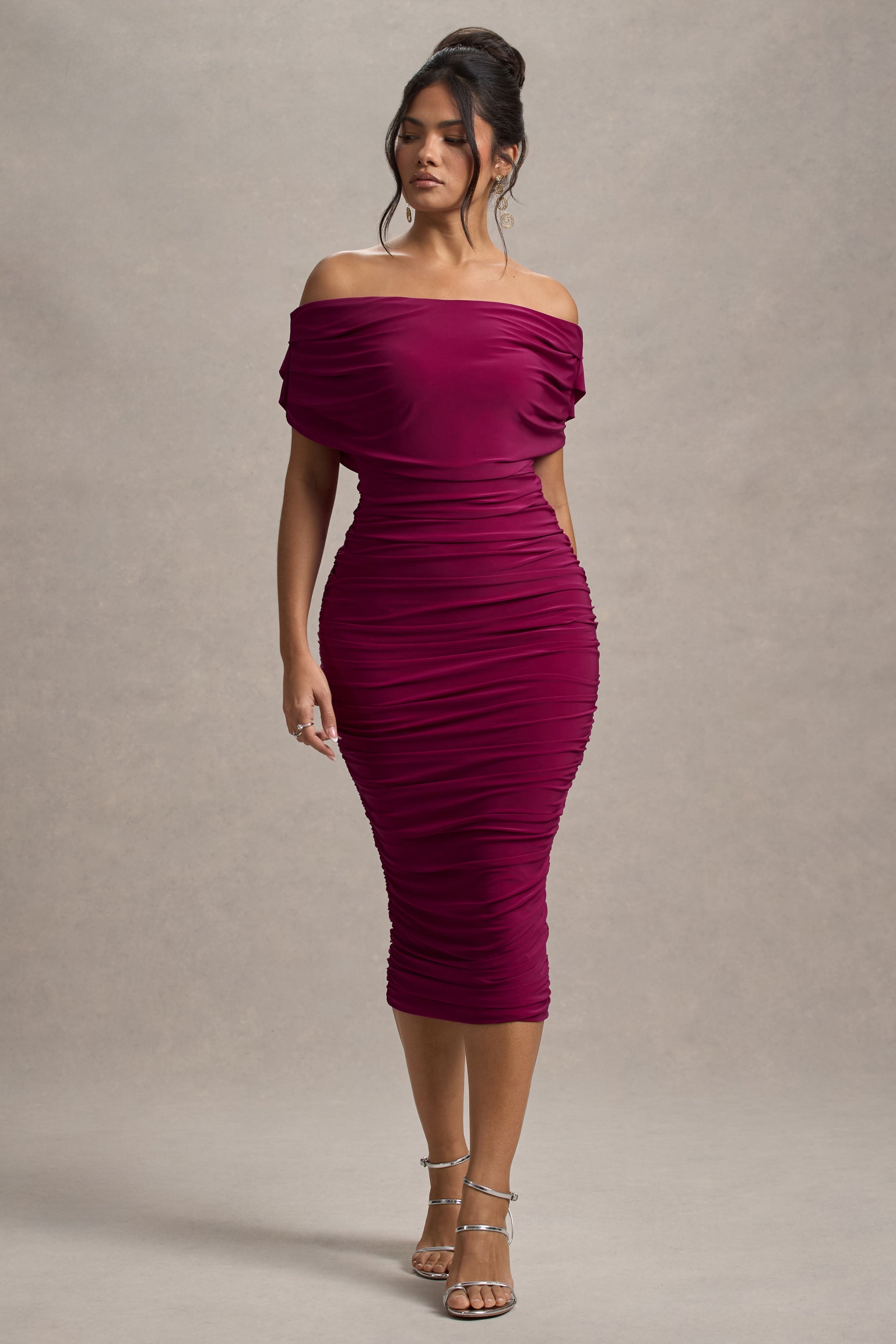Rayleigh | Koyu Kiraz Bardot Dökümlü Midi Elbise