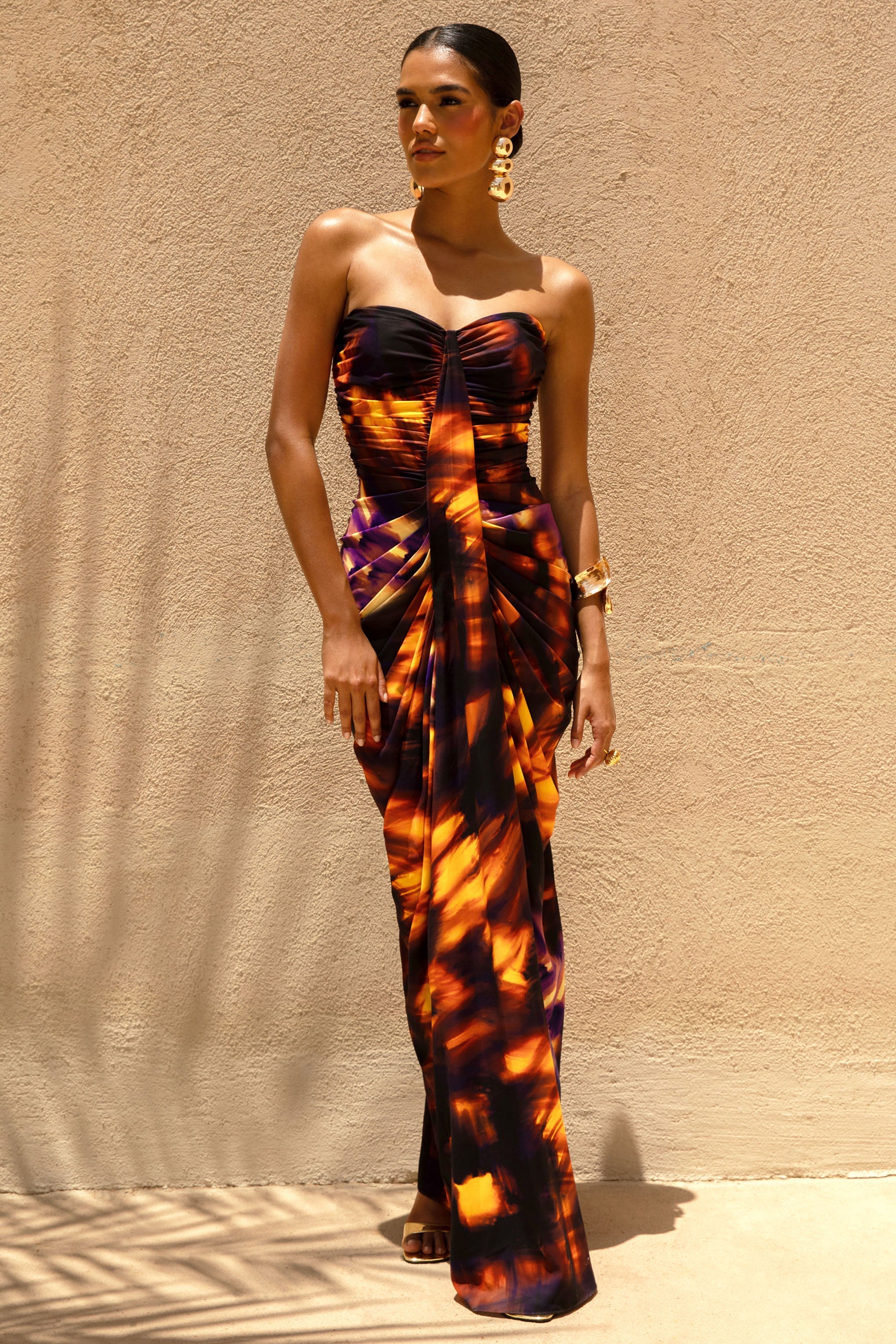 Nyra | Duman Desenli Sweetheart Ruched Maxi Elbise