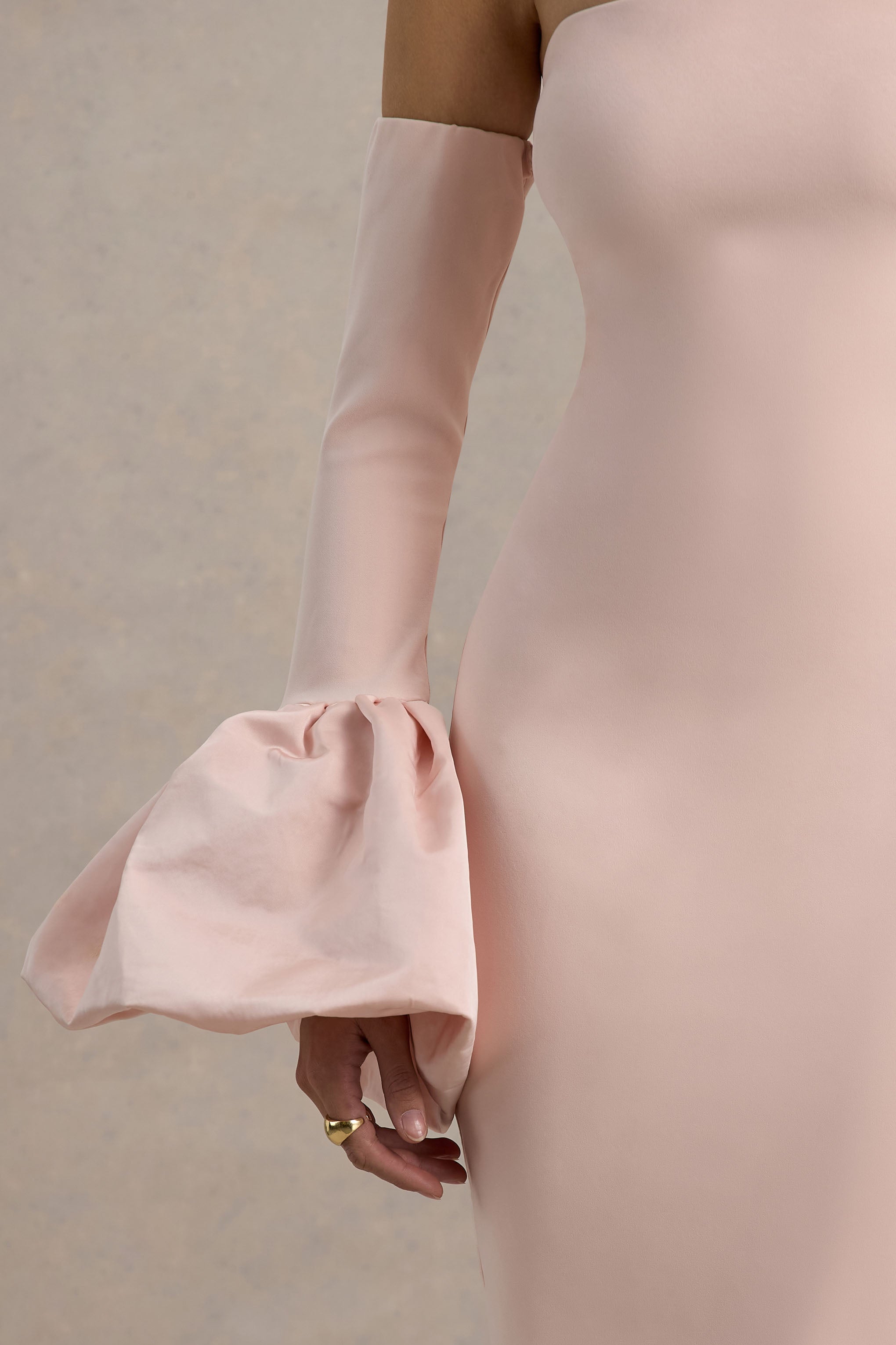 Myah | Pembe Bandeau Uzun Kollu Maxi Elbise Puff Manşetlerle