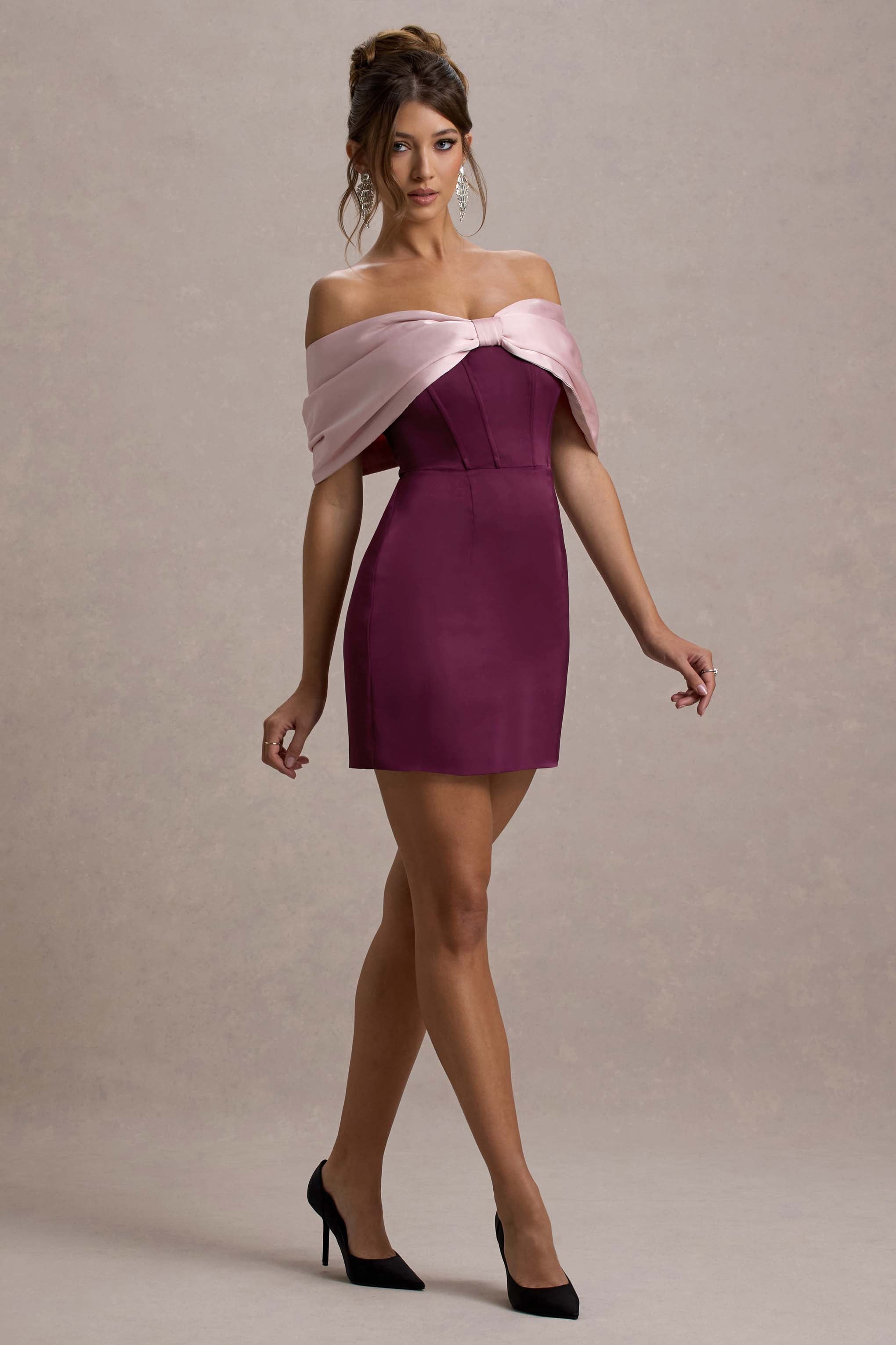Linley | Bordo & Pembe Saten Fiyonk Bardot Mini Elbise
