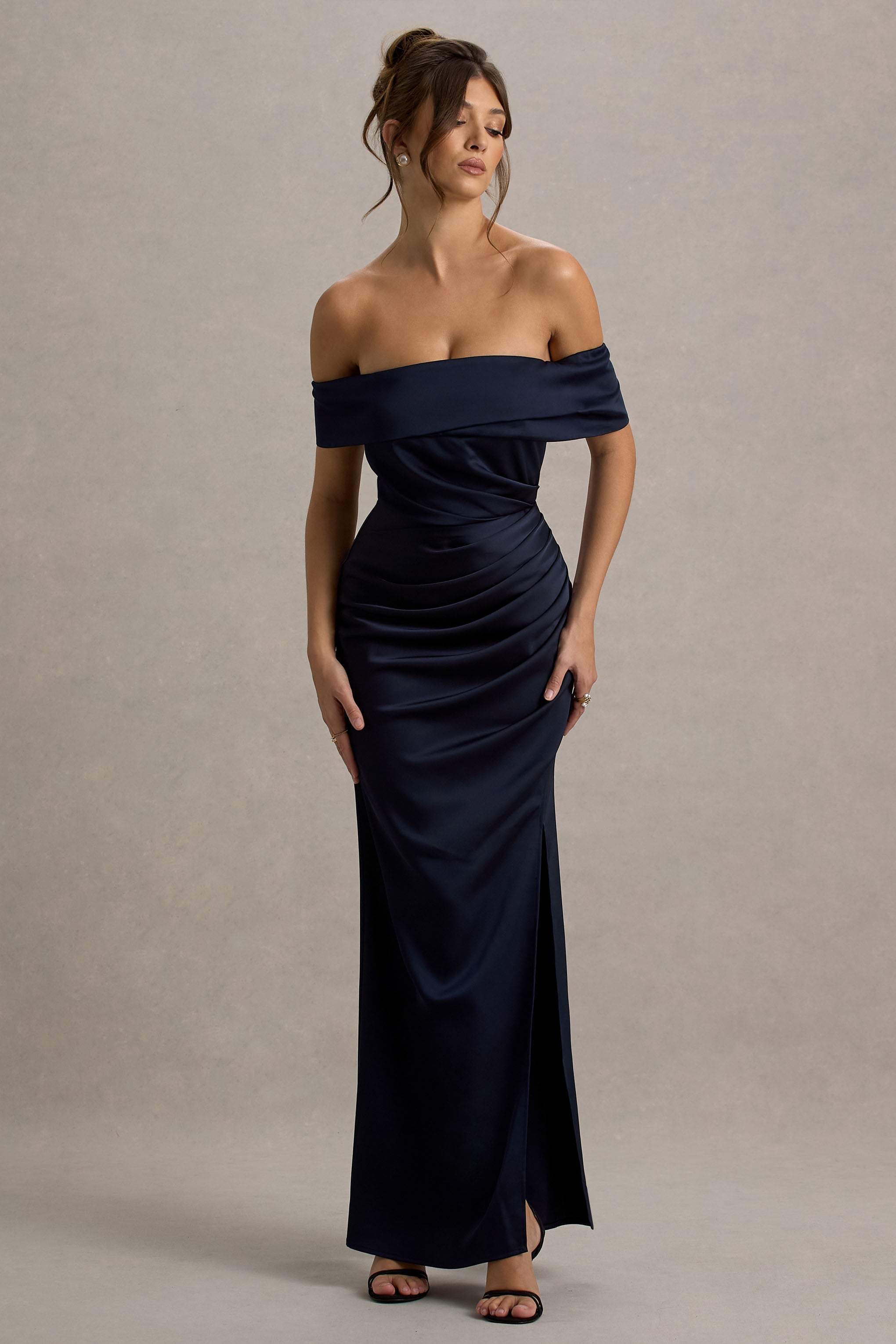 Martine | Lacivert Saten Bardot Sarma Maxi Elbise
