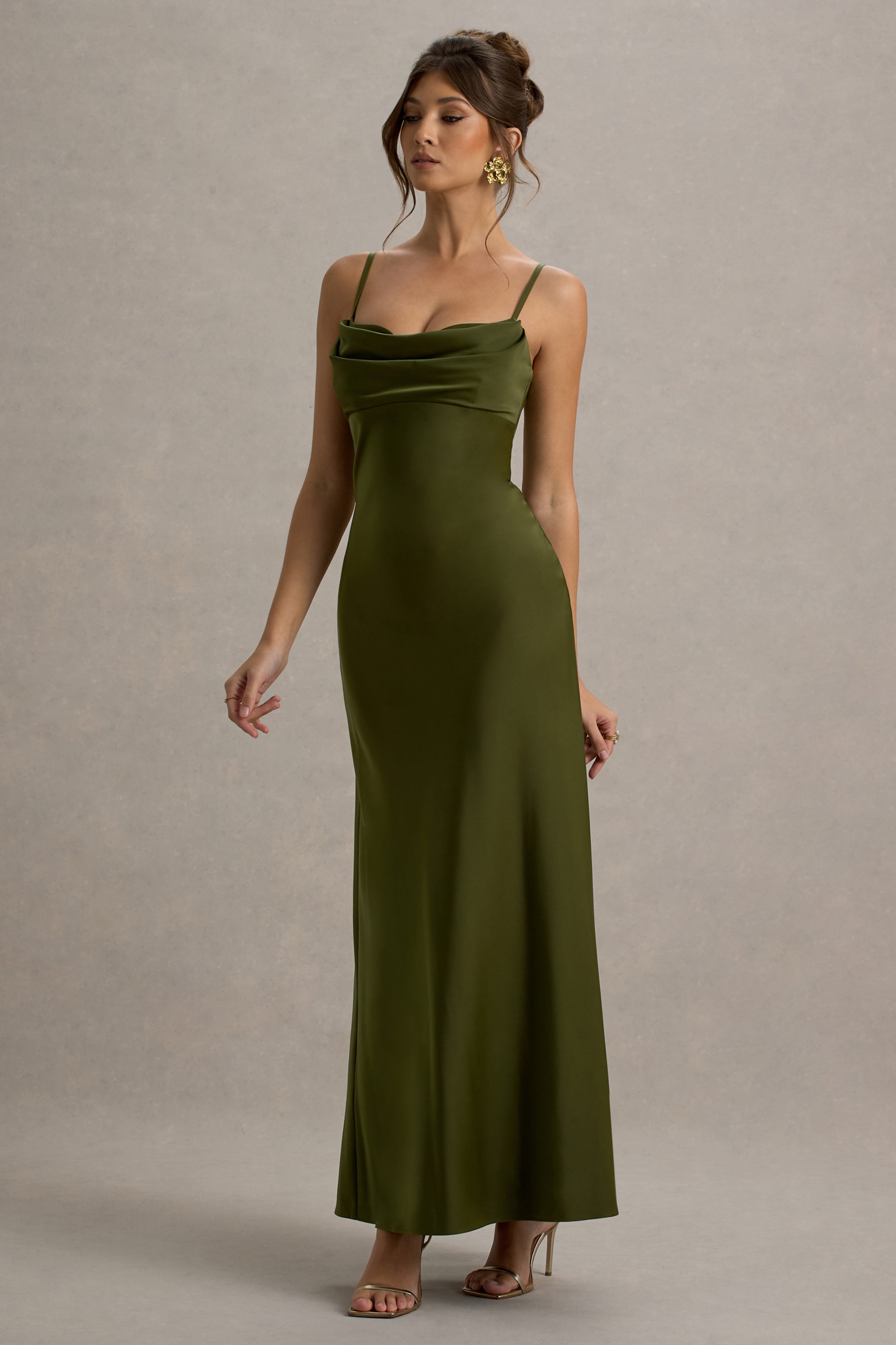 Eimear | Zeytin Yeşili Saten Drapeli Kalp Yaka Maxi Elbise