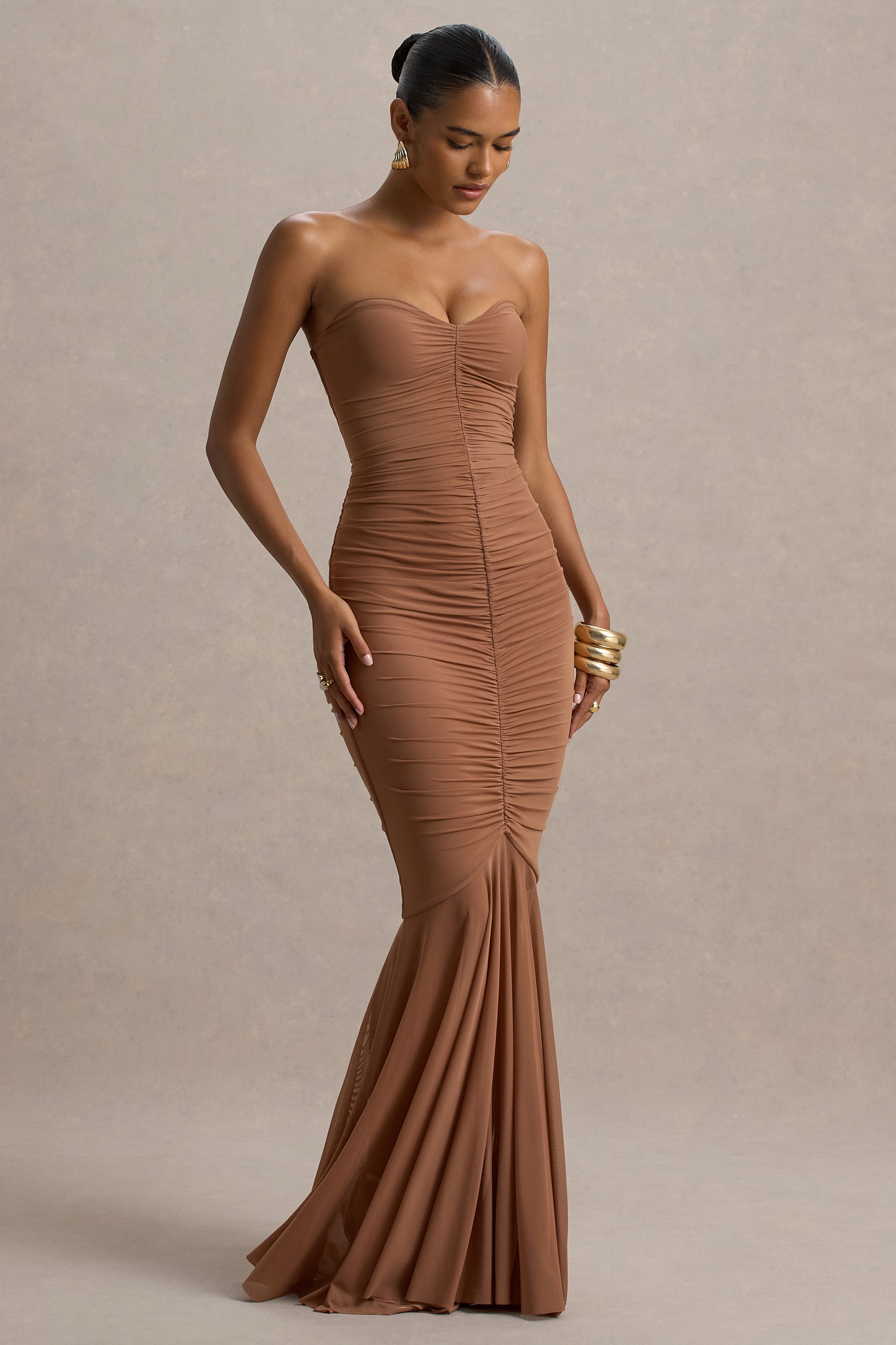 Talisa | Dantel Kenar Detaylı Mocha Ruchingli Fishtail Maxi Elbise