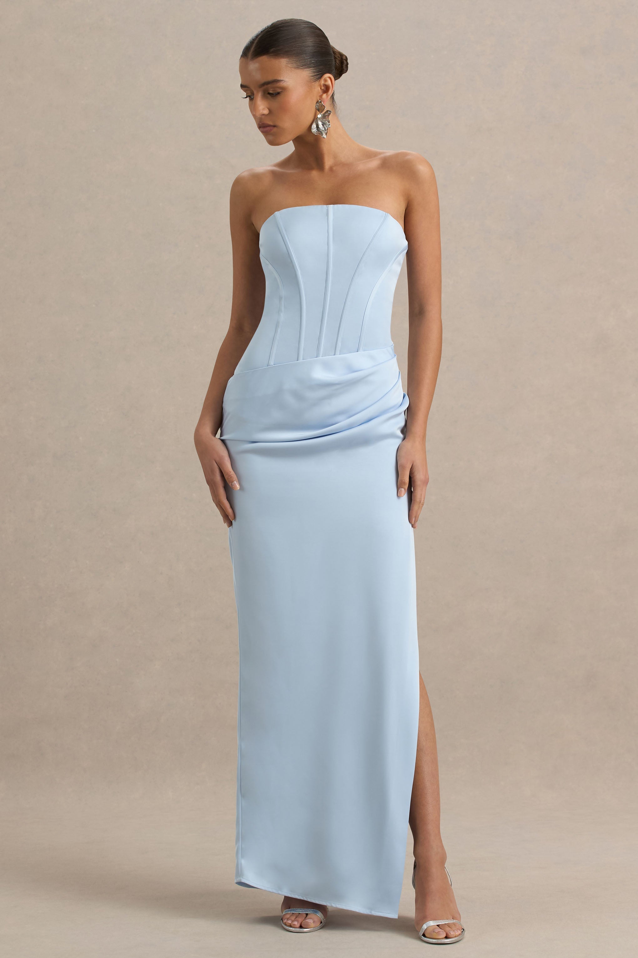 Joseline | Toz Mavi Saten Korse Sarma Maxi Elbise Fular ile