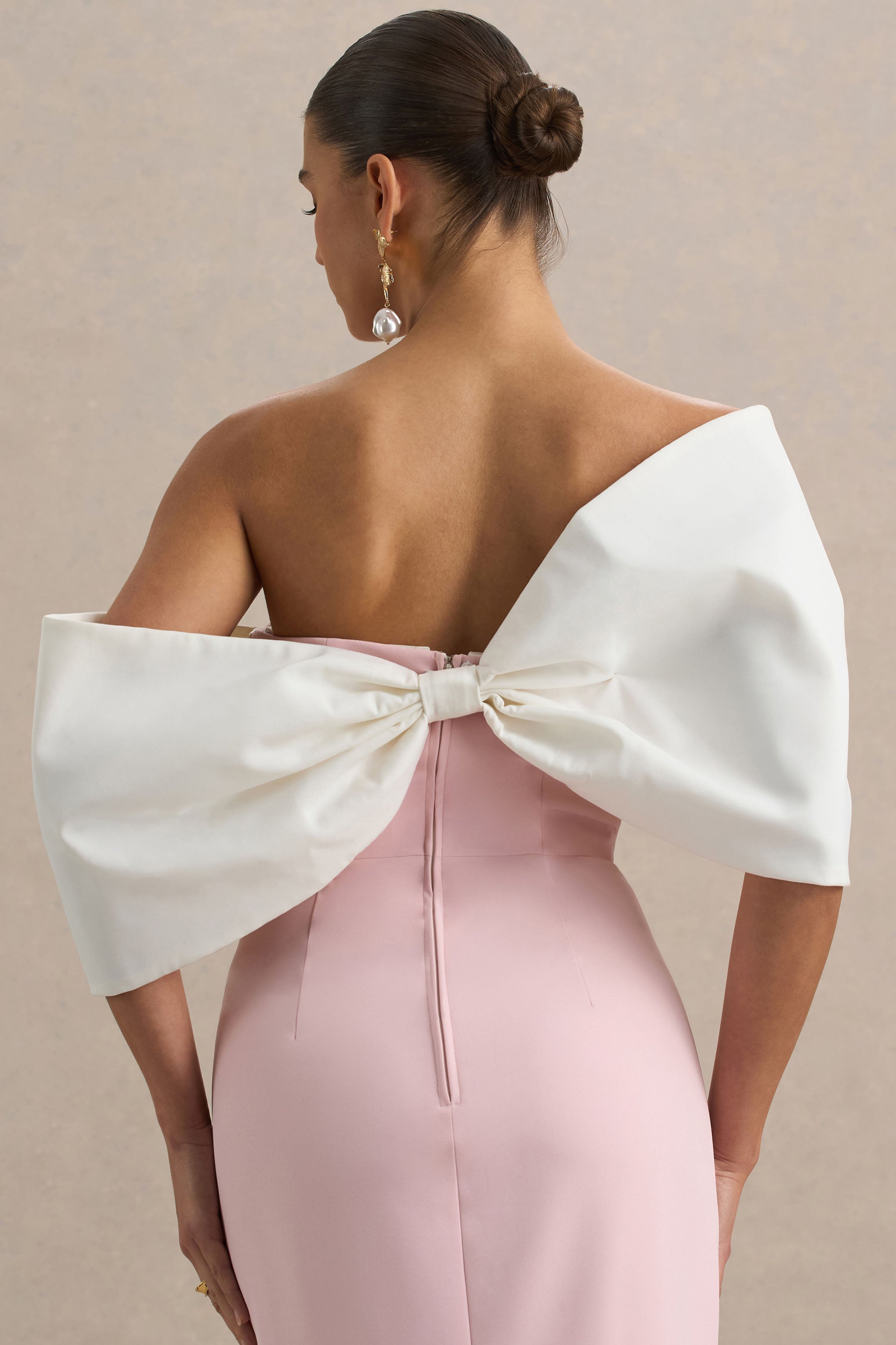 Lucille | Pembe ve Beyaz Asimetrik Bardot Midi Elbise
