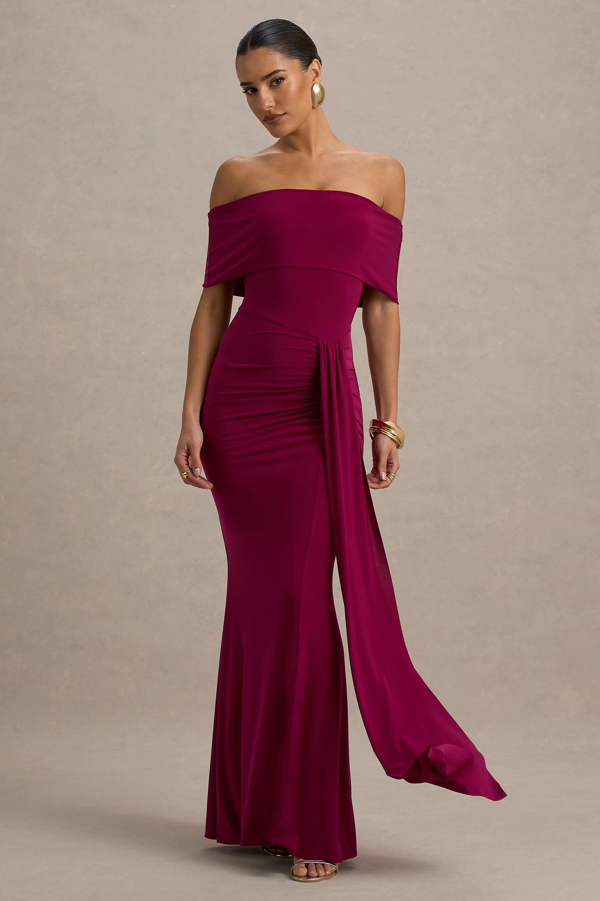 Delma | Drapeli Detaylı Bordo Bardot Maxi Elbise