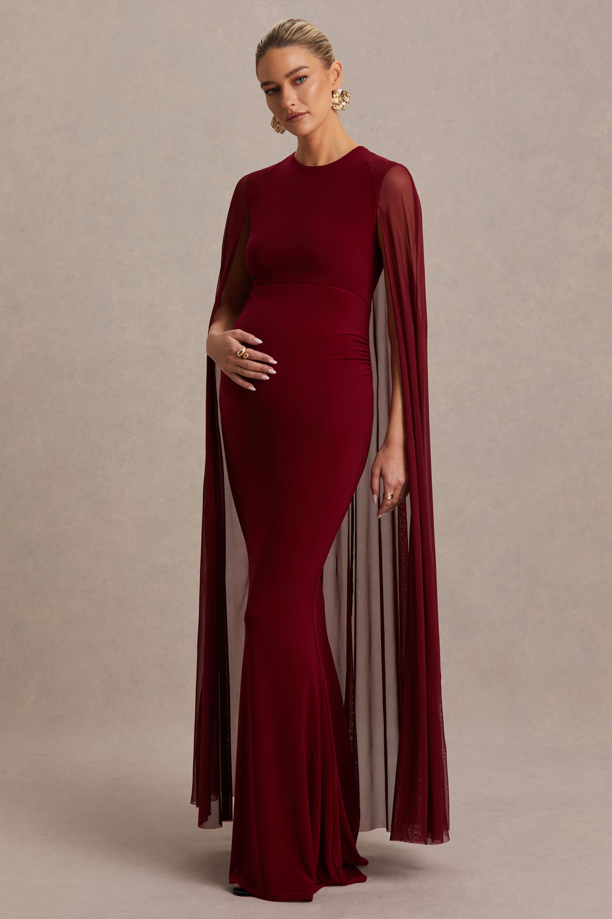 Kızılcık | Pelerinli Yüksek Yaka Maxi Elbise