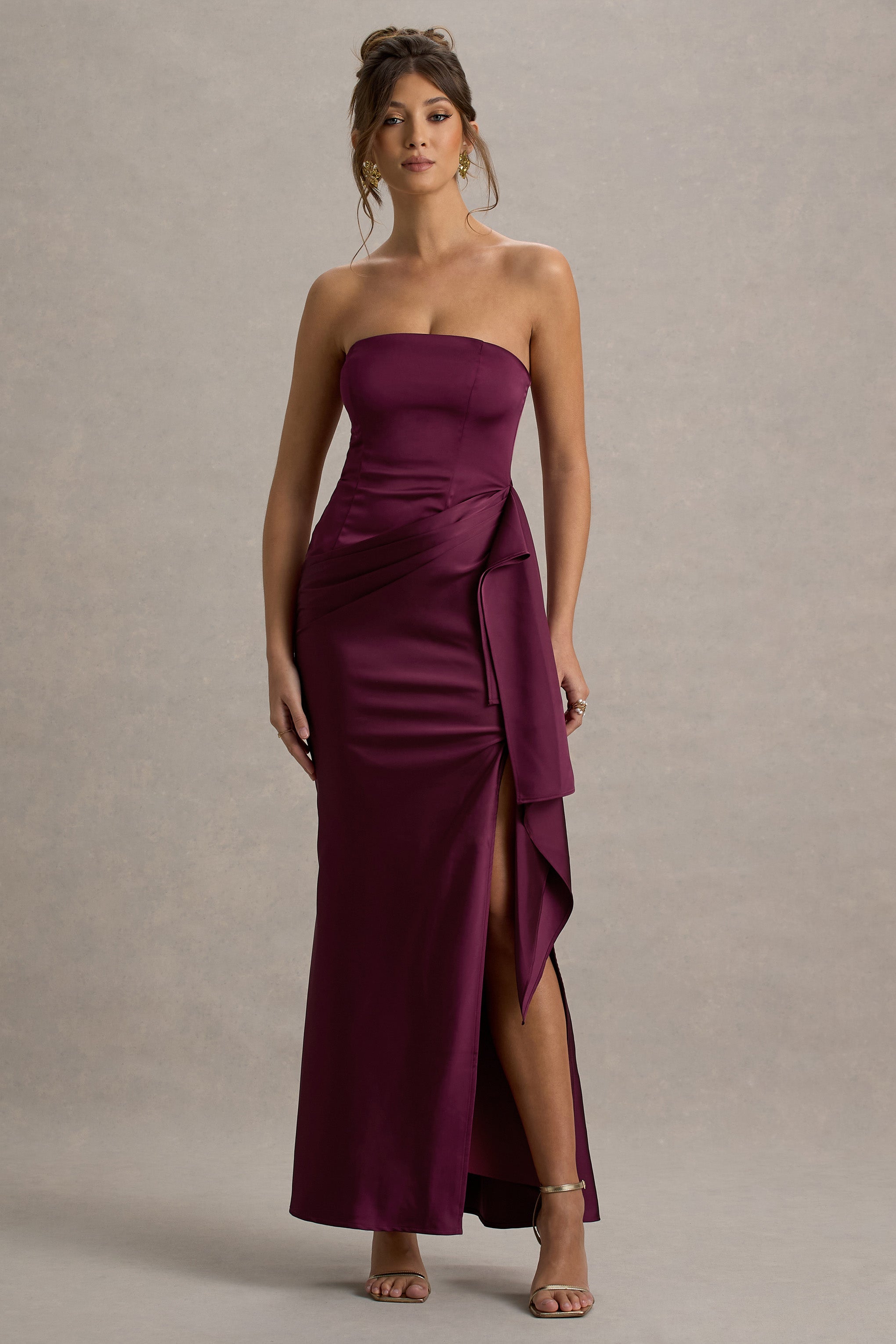 Loz | Bordo Saten Bandeau Drapeli Maxi Elbise