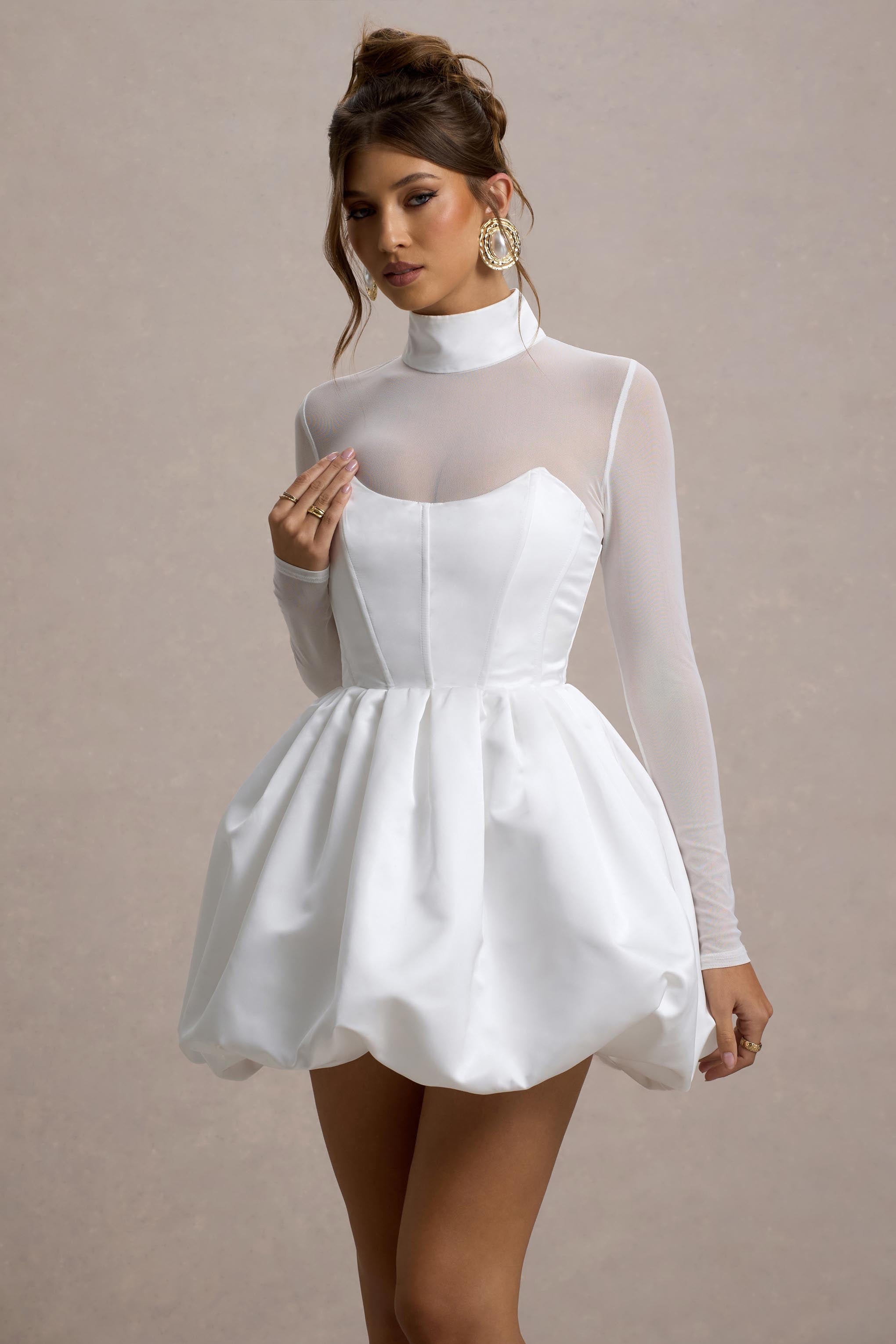 Tinkerbell | Beyaz Saten Uzun Kollu Puffball Mini Elbise