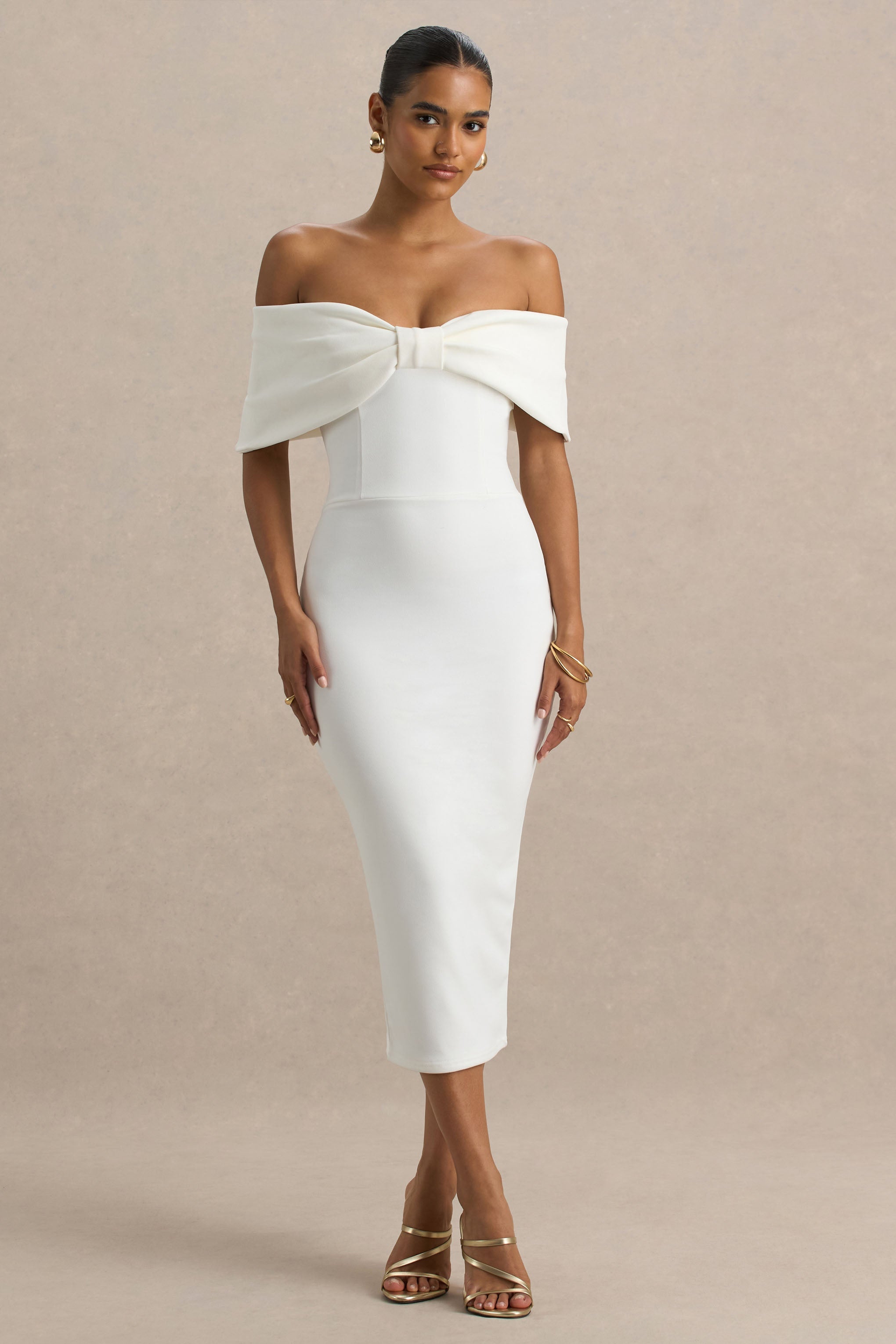Bayshore | Beyaz Kemerli Bardot Midi Elbise