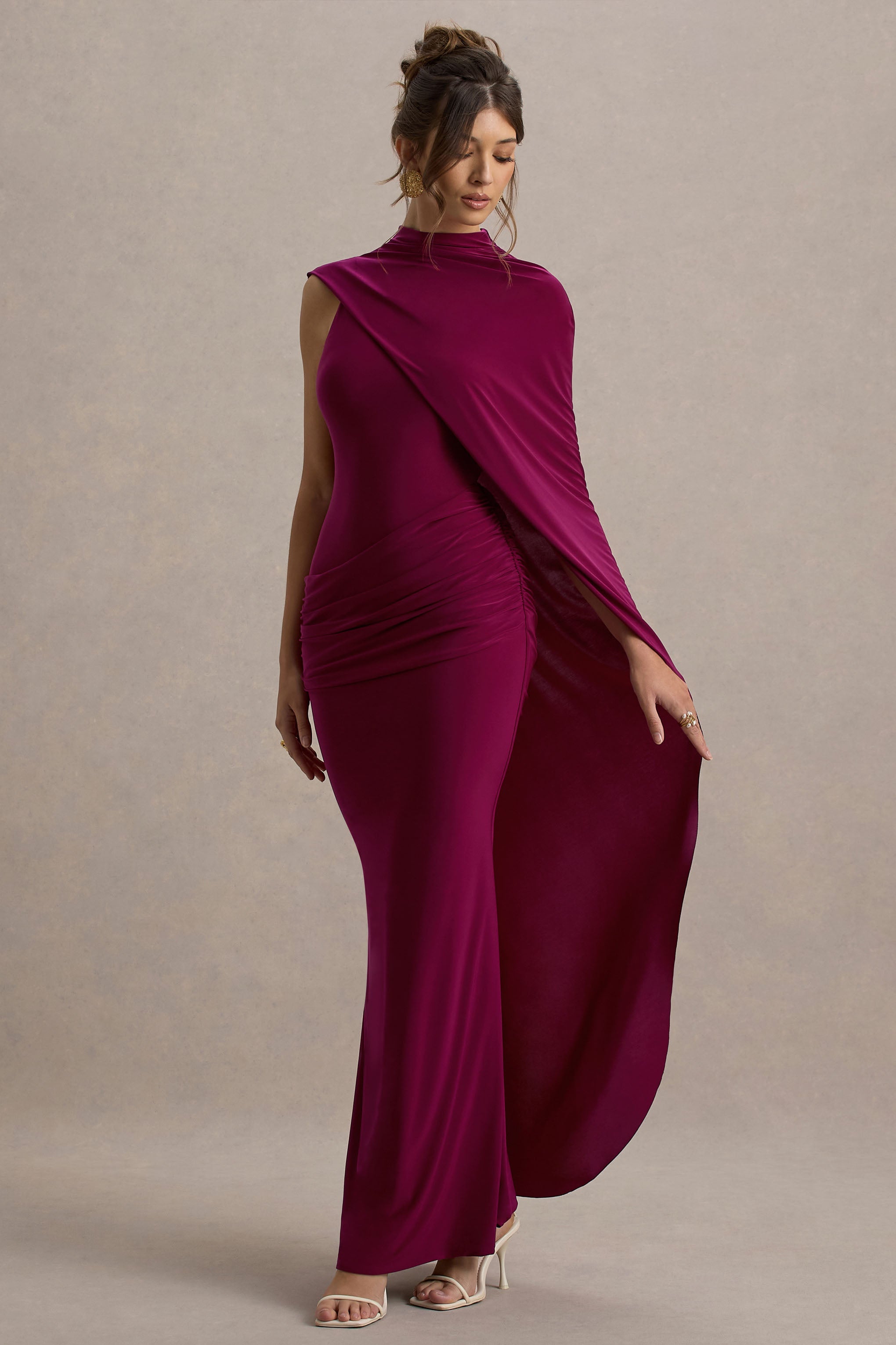 Maeve | Bordo Kape Kollu Drapeli Maxi Elbise